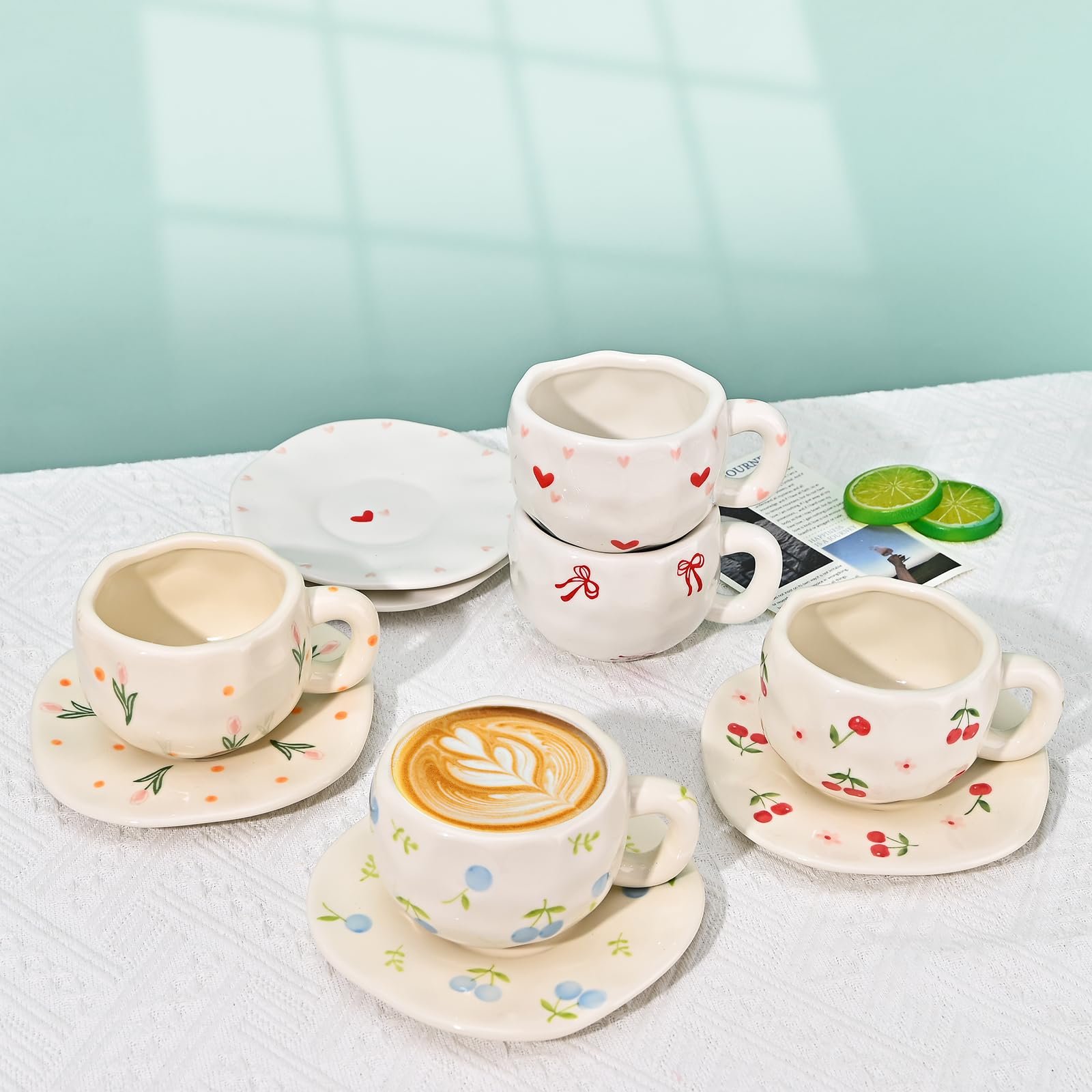 Ceramic Coffee Mug with Saucer Set, Cute Creative Cup Unique Irregular Design, 10 oz/300 ml