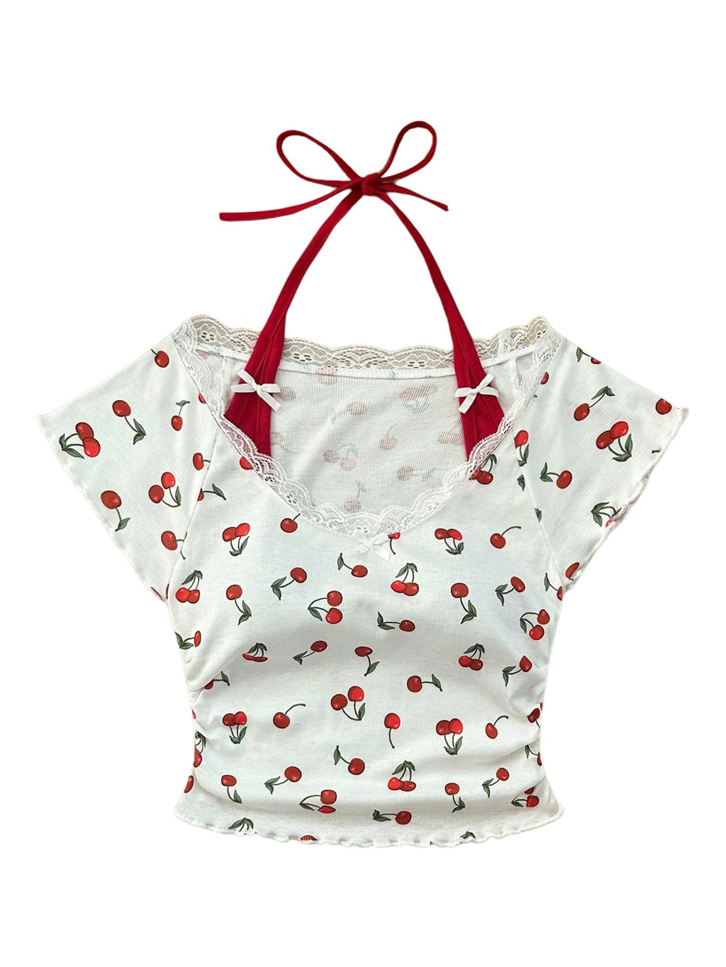 Women's Cherry Print Lace Trim Tee Shirt Halter Neck Short Sleeve Crop Tops
