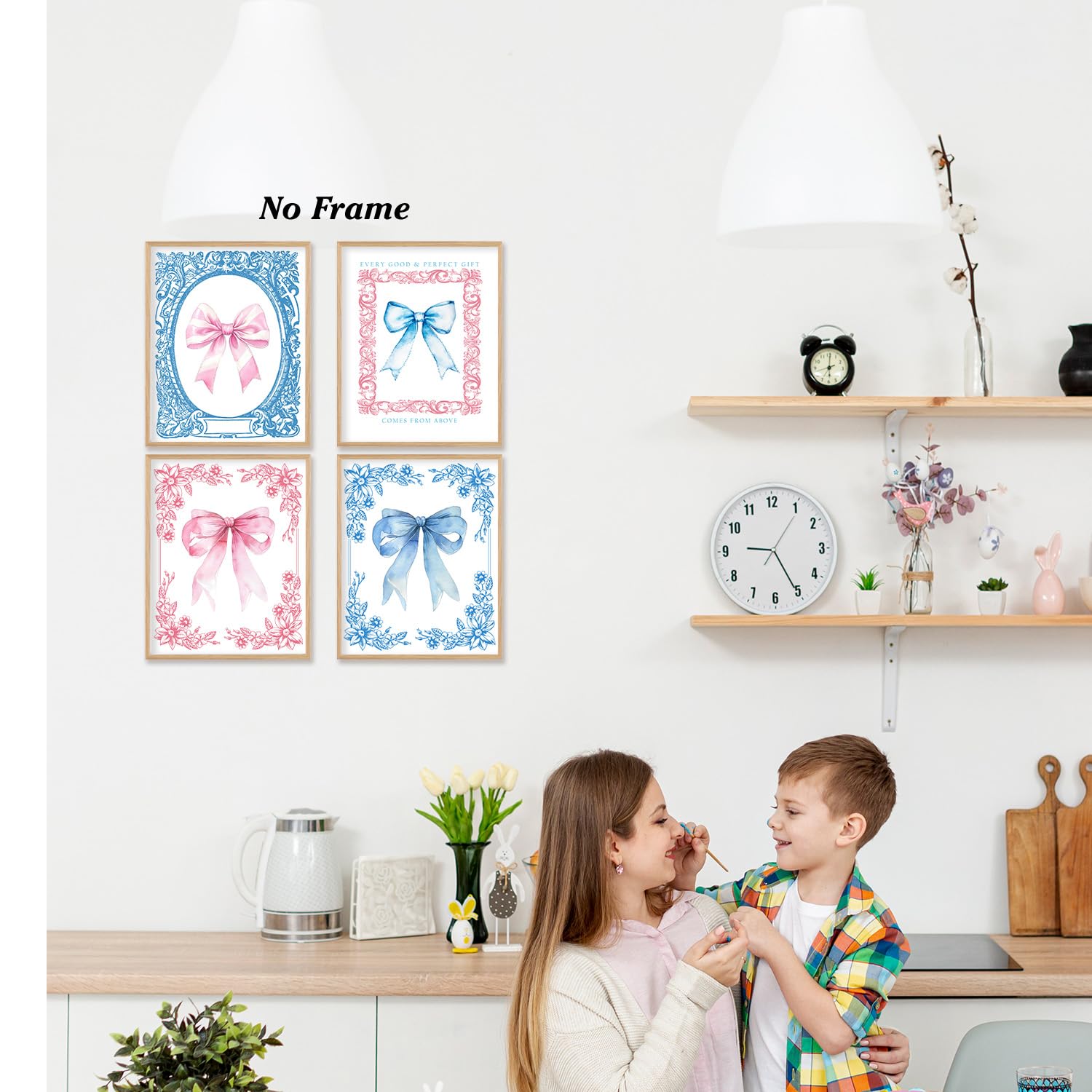 Porcelain Chinoiserie Posters Bow Wall Prints Unframed, 8x10 Blue Print Set Of 4, Pink Bow Coquette Room Decor