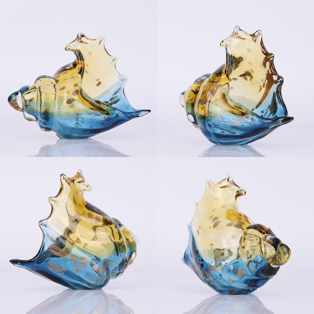 Hand Blown Glass Conch - Coastal Home Decor Conch Corners, Glass Art Conch Sculptures, Office Decor Blown Glass Art, Living Room Table Centerpieces, Bathroom Shelf Tops And Cabinet Decor