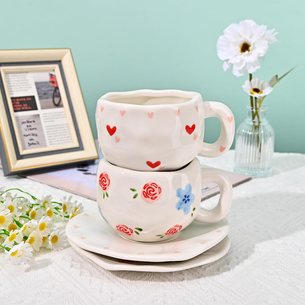 Ceramic Coffee Mug with Saucer Set, Cute Creative Cup Unique Irregular Design, 10 oz/300 ml