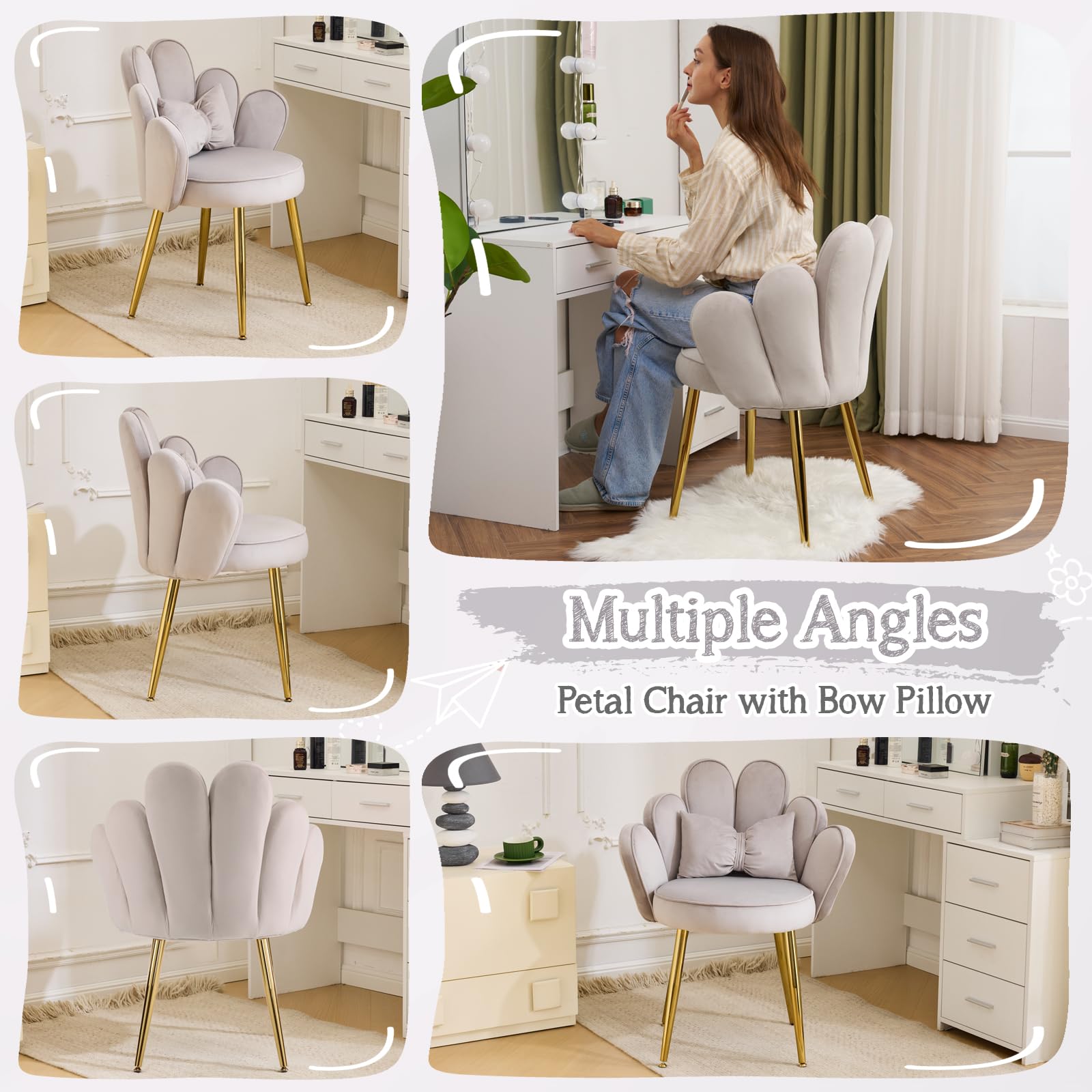 Cute, non-wheeled desk chair with backrest, fluffy cushion, cozy makeup chair with adjustable golden legs