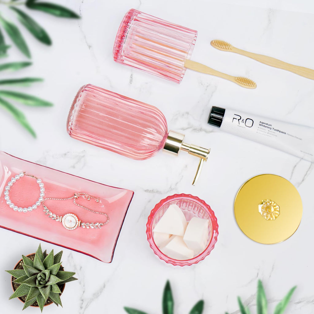 Glass Bathroom Accessories Set 4PCS Bathroom Accessories Set with Soap Dispenser Toothbrush Holder Qtip Holder & Vanity Tray