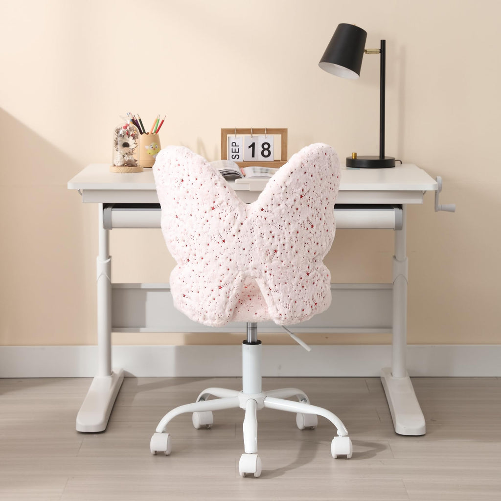 Kids Desk Chair Butterfly Faux Fur Study Chair Adjustable Vanity Chair, Small Cute Student Task Chair with White Foot