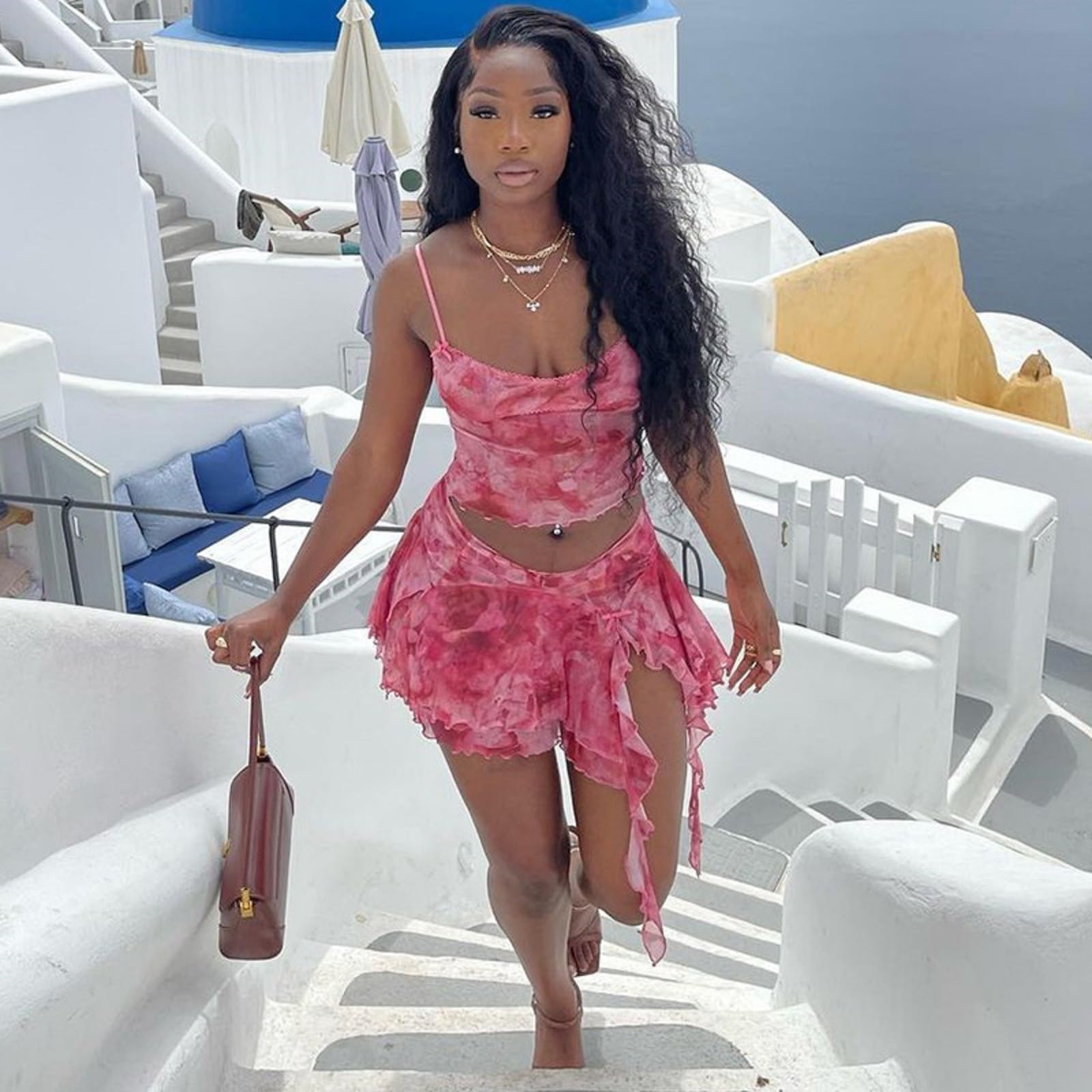 Womens Sexy 2 Piece Club Outfits Set Floral Print Camisole Crop Top Mini Skirt with Slit