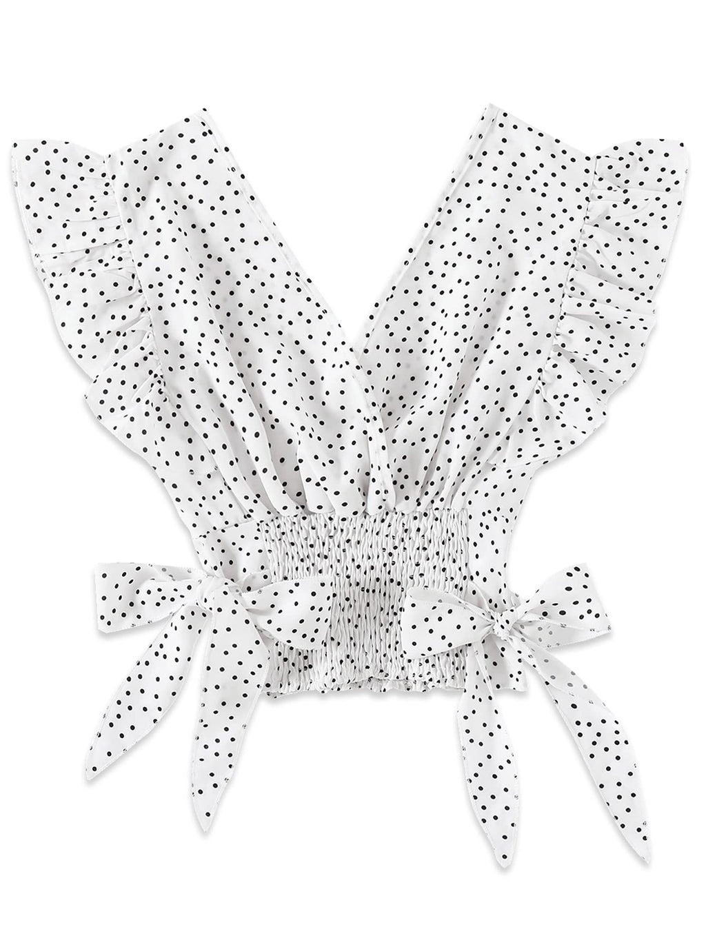 Women's V Neck Polka Dots Ruffle Cap Sleeve Shirred Hem Blouse Crop Tank Top