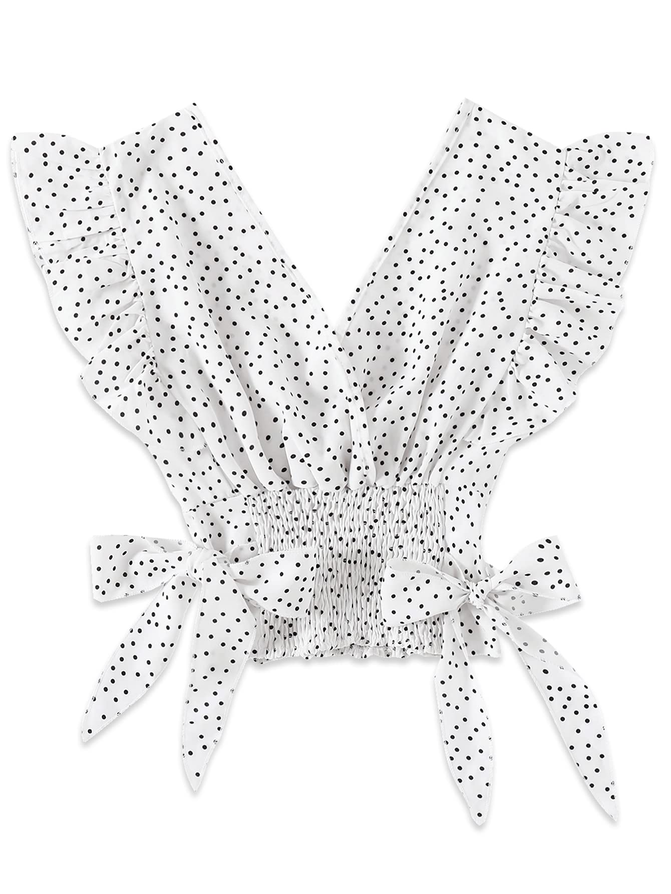 Women's V Neck Polka Dots Ruffle Cap Sleeve Shirred Hem Blouse Crop Tank Top