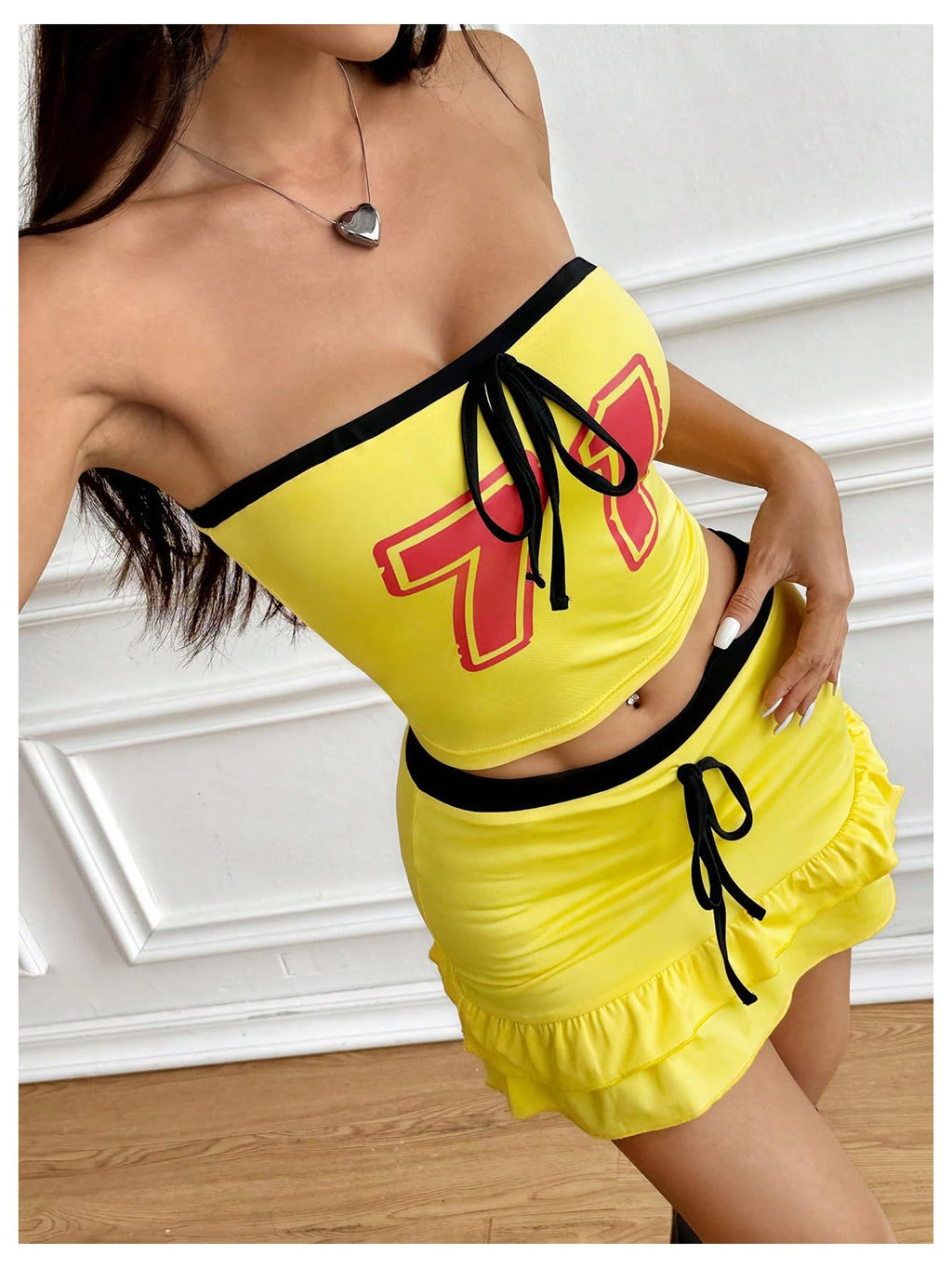Women's Two Piece Outfit Number Print Strapless Tube Crop Tops and Ruffle Tiered Mini Skirt Set