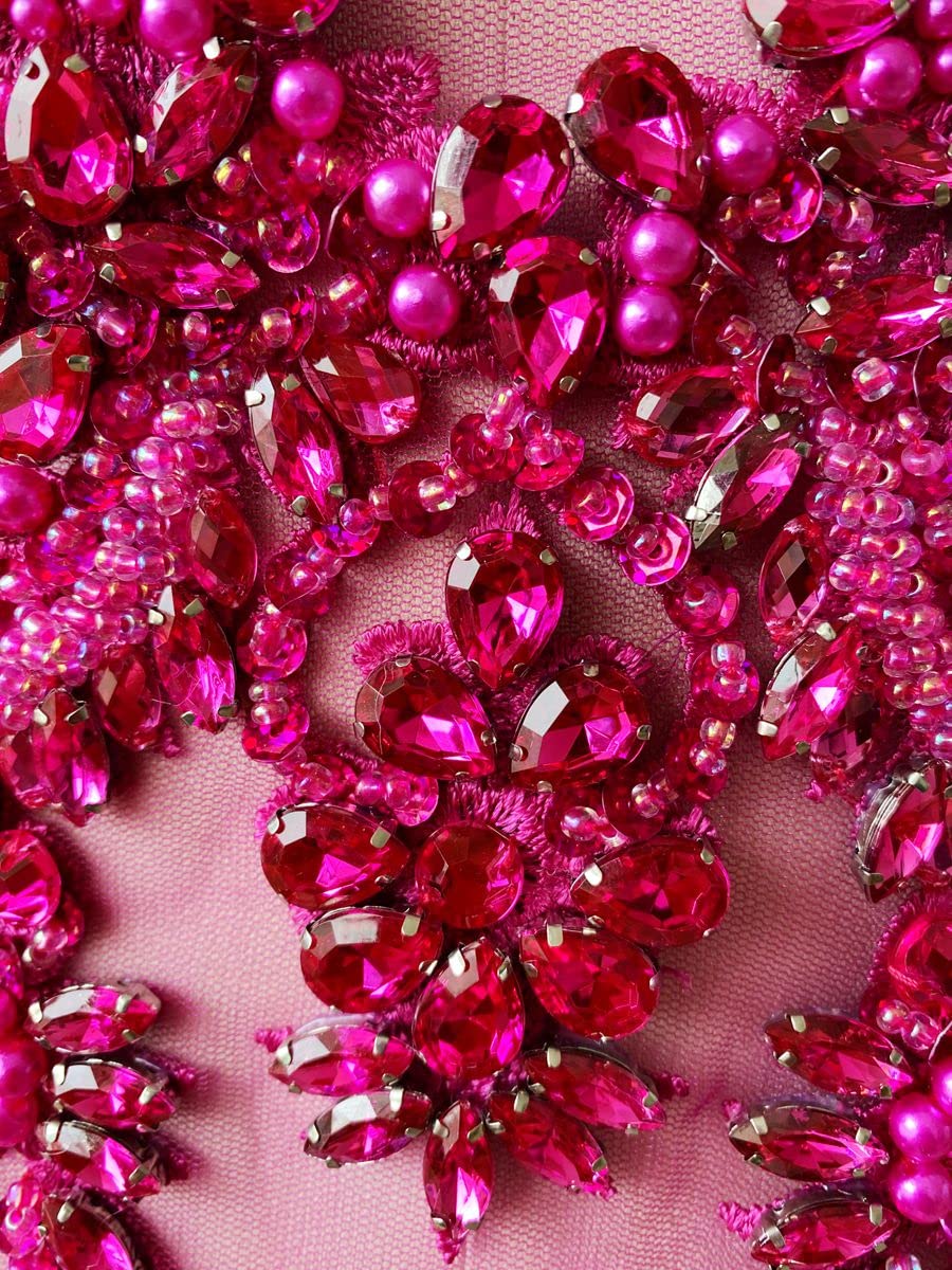 Handmade red/Blue/Gold/Green Rhinestones lace Bodice Applique Sewing Beads Crystal Trim Patches Accessory for Dress Clothes (Rose red)