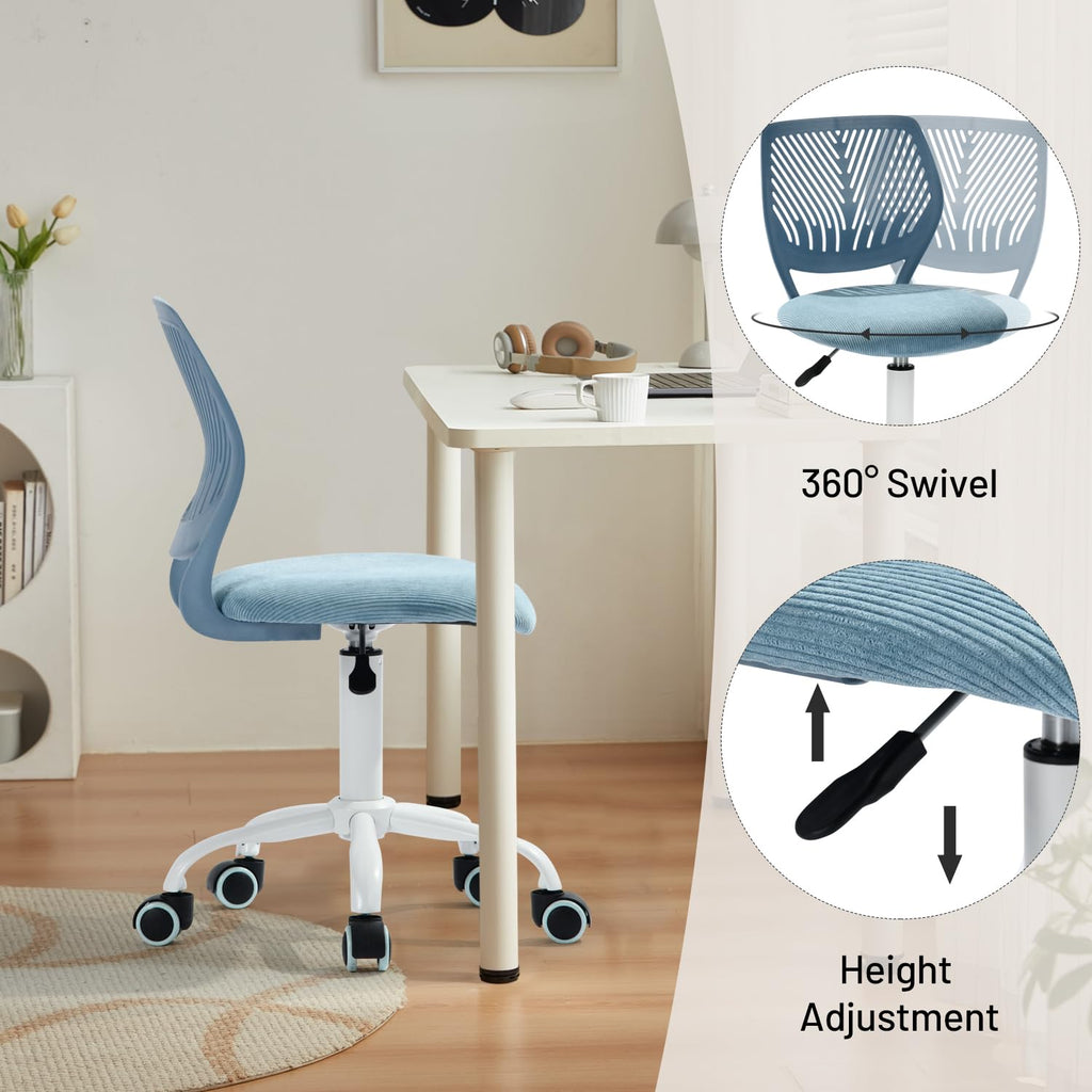 Study Desk Chair Armless Cute, Ergonomic Small Swivel Adjustable Rolling Lightweight Task Chair with Wheels and Mesh Padded Cushion