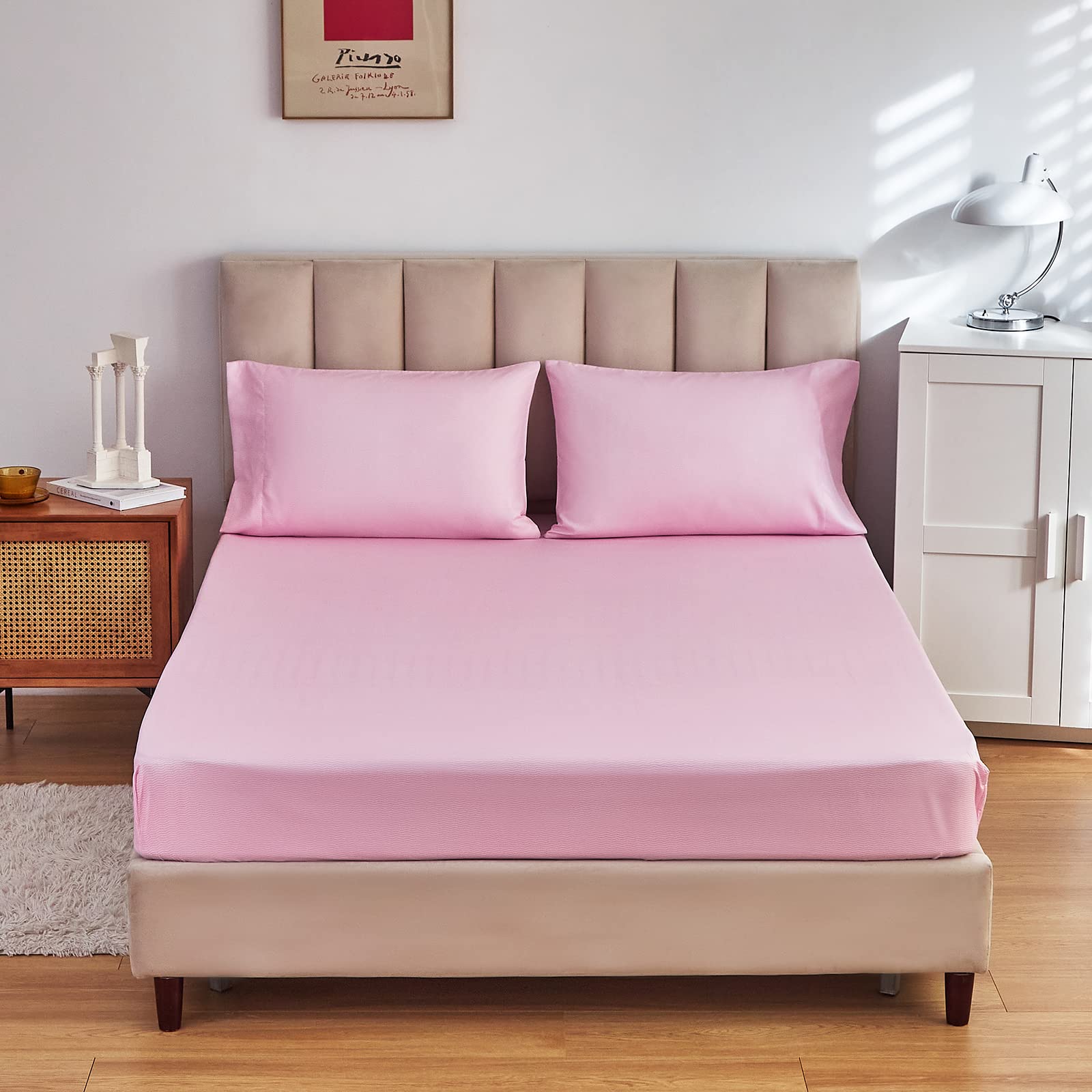 Flower Comforter Sheet Set White Bed in a Bag 7 Pieces Size, Pink Floral Microfiber Bedding Set (1 Comforter 2 Pillow Shams 1 Flat Sheet 1 Fitted Sheet 2 Pillowcases)