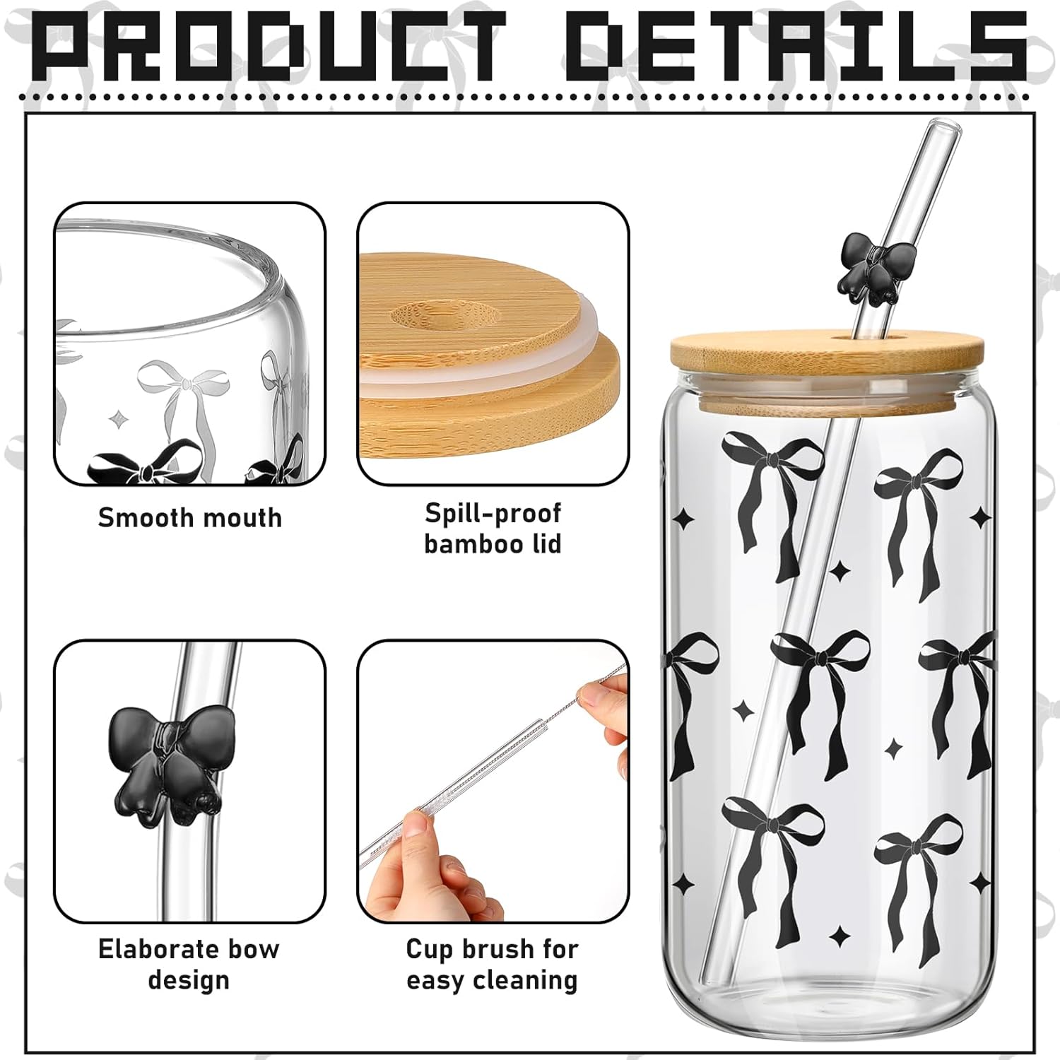 Coquette 4 Set Black Bow Aesthetic Glass Cups with Bamboo Lids and Straws 16 oz