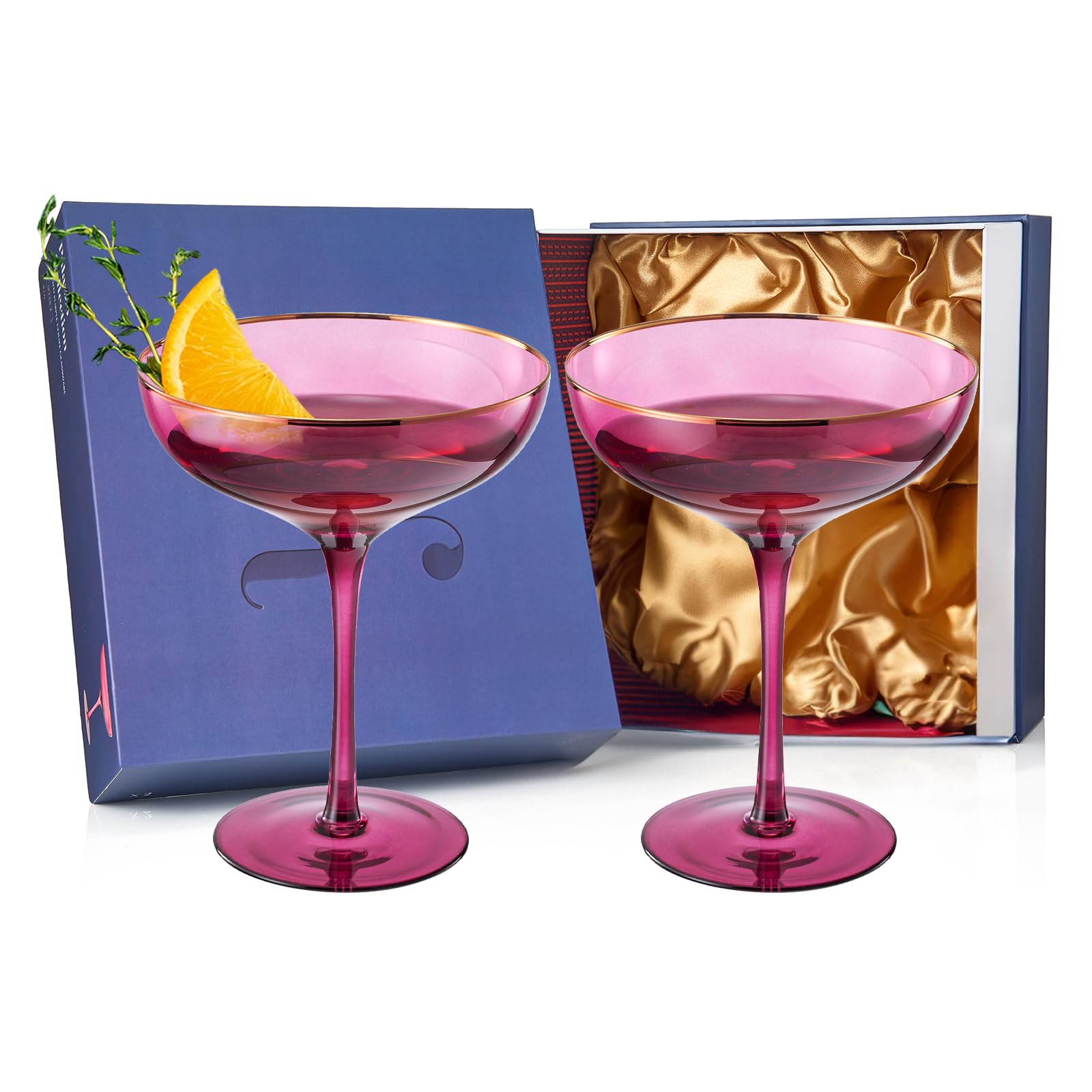 Colored Sunset Rim Coupe Glass, 9oz Cocktail & Champagne Glasses 2-Set Vibrant Color Gold Vintage Tumblers, Margarita, Glassware