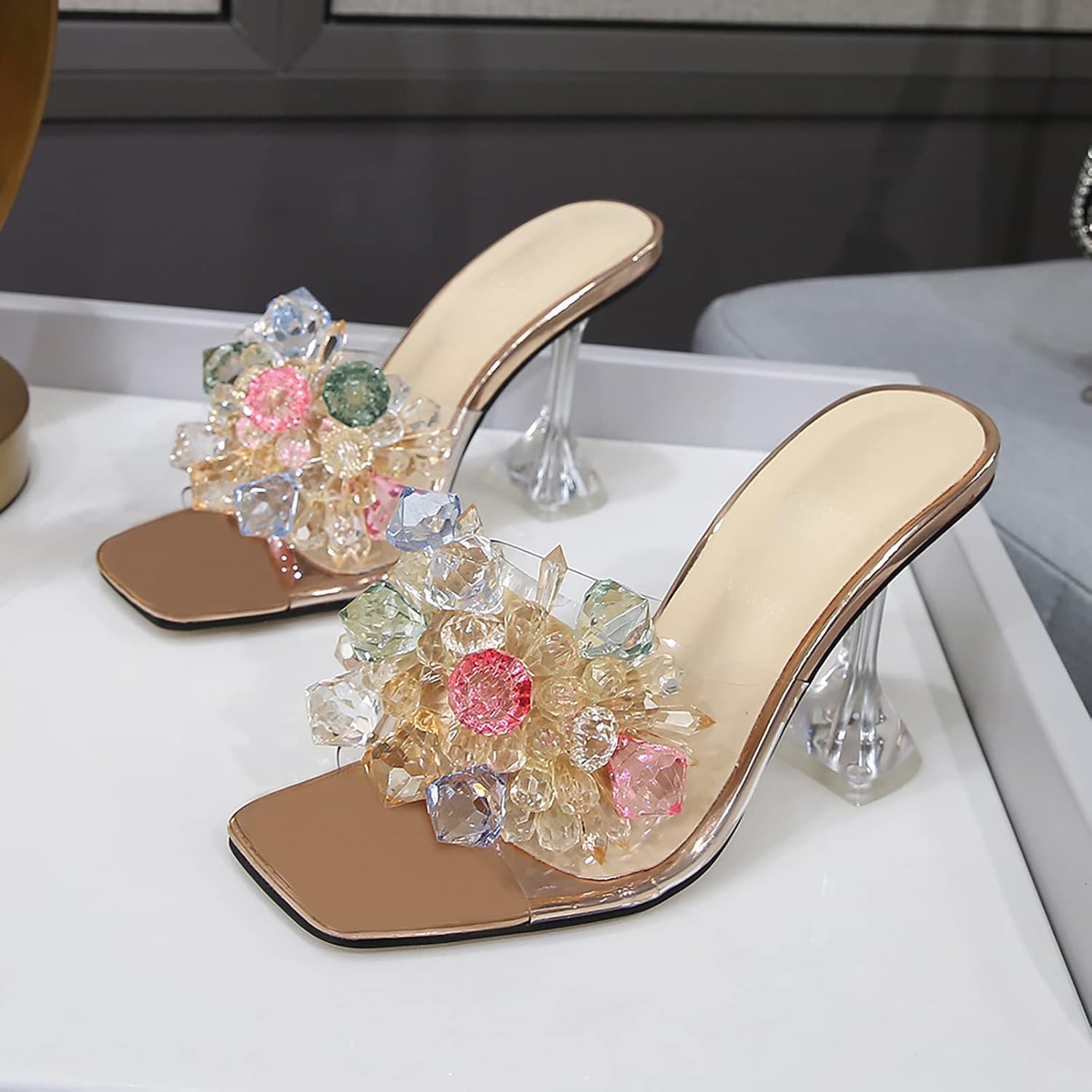 Women's Crystal Flower Heels Square Toe Heeled Sandals