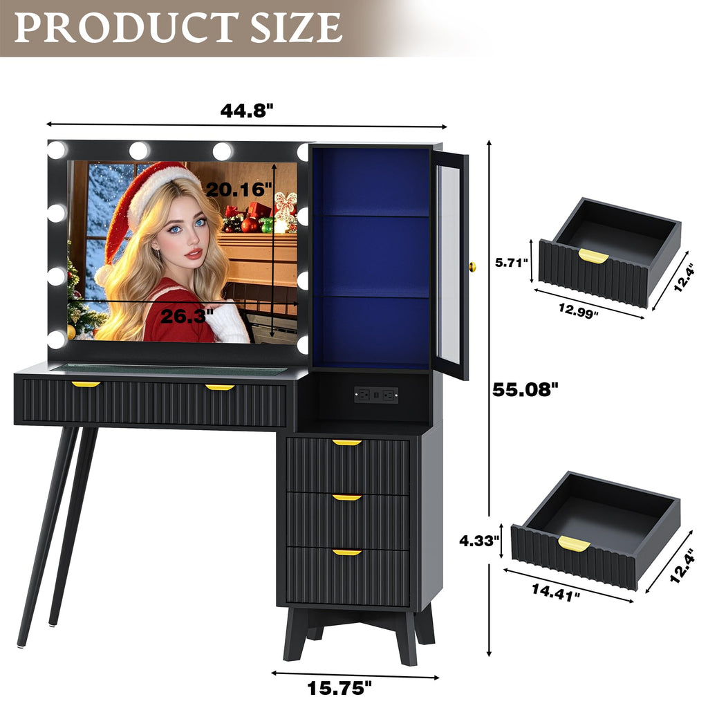 Fluted Vanity Desk with Mirror and Lights, 45" Glass Top Makeup Table Set with 5 Drawers, Power Outlet & Storage Cabinet, Large Dressing Table with RGB Ambient Light