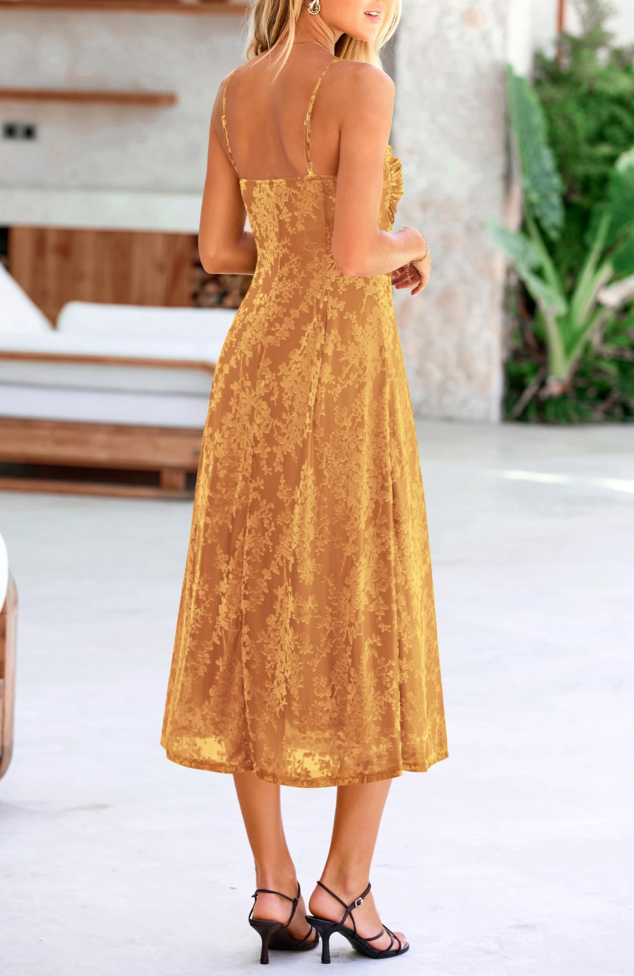 Women's Sleeveless Spaghetti Strap Midi Sexy Cowl Neck Floral Dress