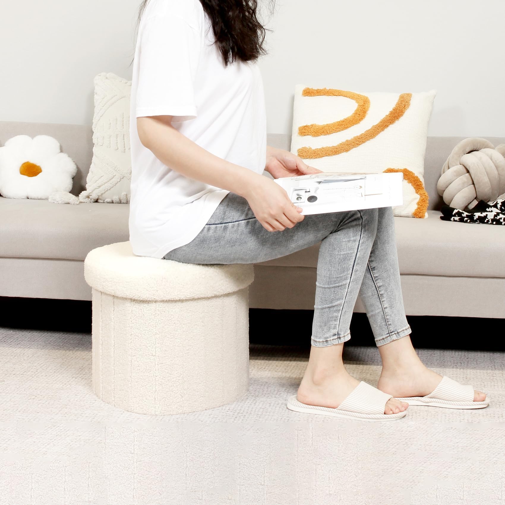 Flower-Shaped Storage Ottoman â€?Boucle Footstool & Seat for Living Room & Dorm