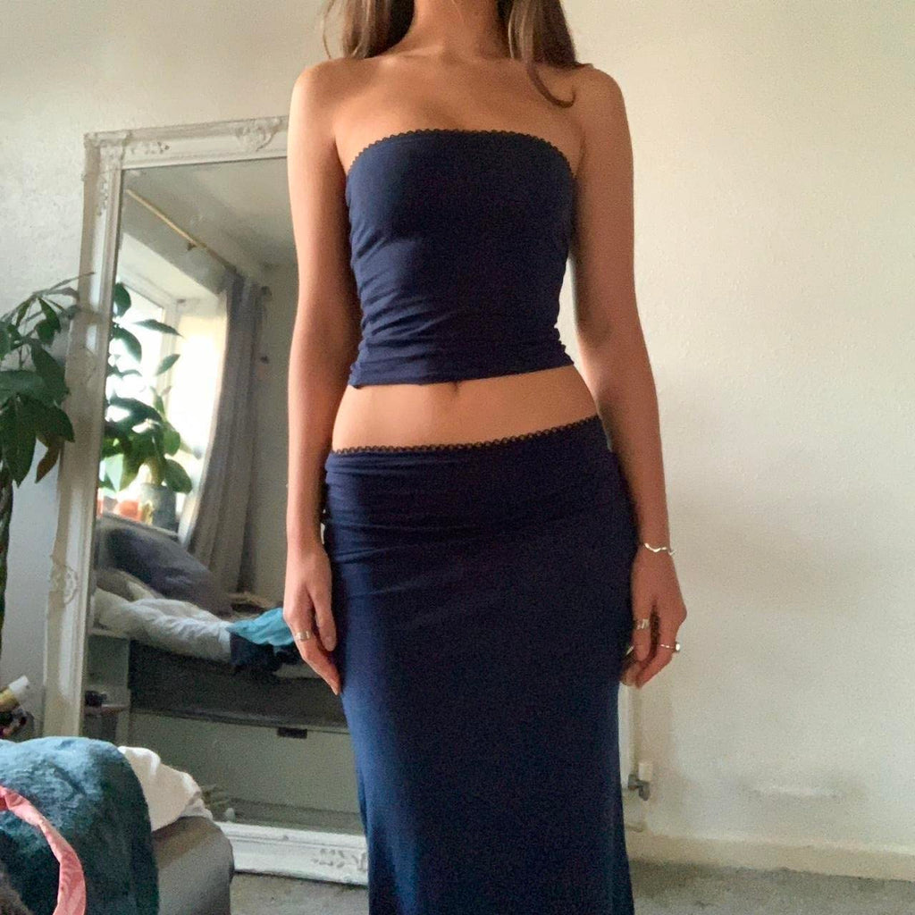 Women Y2K 2 Piece Long Skirt Set V Neck Halter Crop Top Off Shoulder Slim Fit Tube Top Split Maxi Skirts Outfit