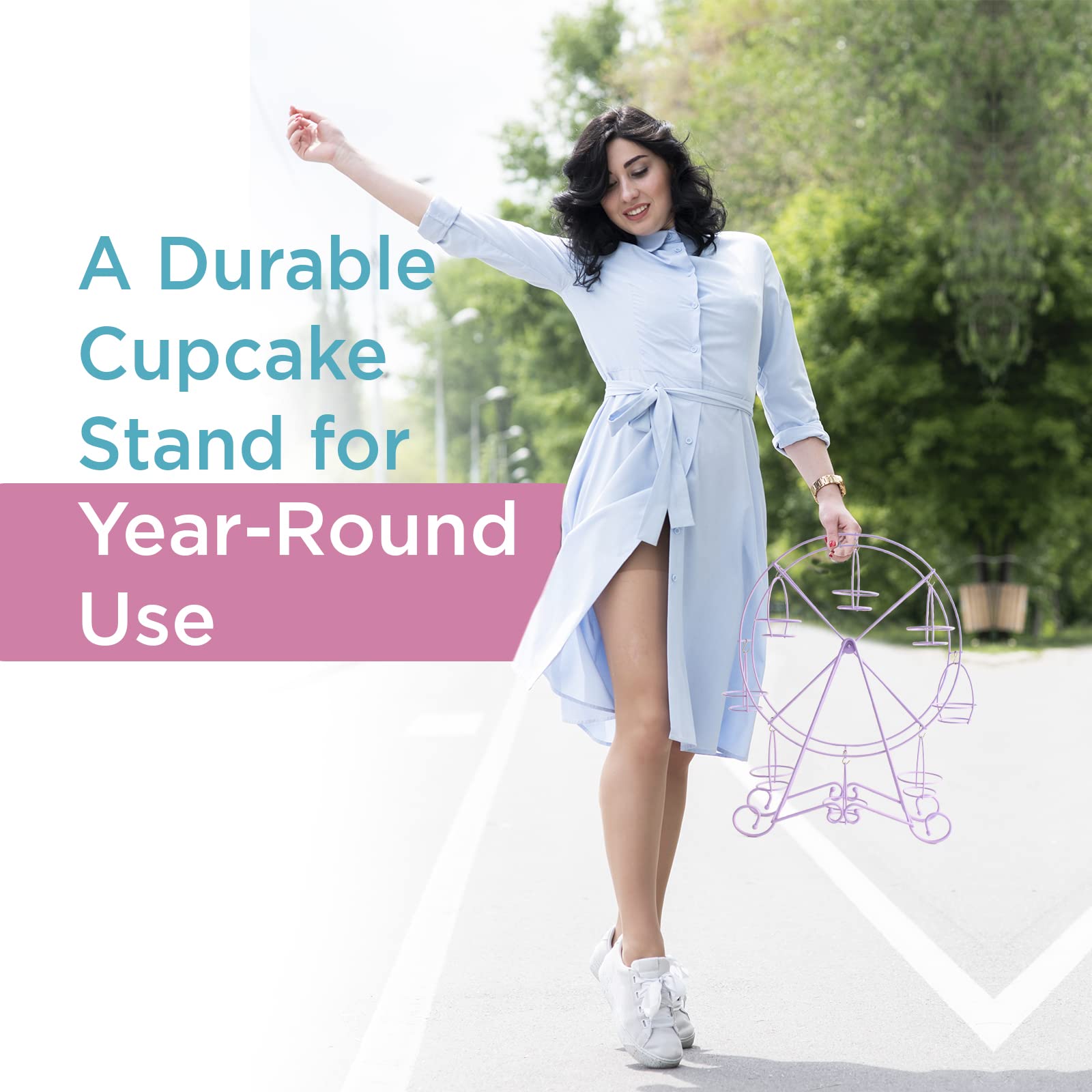 Ferris Wheel Cupcake Stand - Decorative Cupcake Holder for Parties - Spinning Display for Serving Pastry, Treats & Desserts - Easy-to-Clean, Fits 8 Medium Cupcakes - 14x4x17