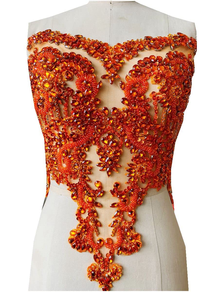 Handmade red/Blue/Gold/Green Rhinestones lace Bodice Applique Sewing Beads Crystal Trim Patches Accessory for Dress Clothes (Rose red)