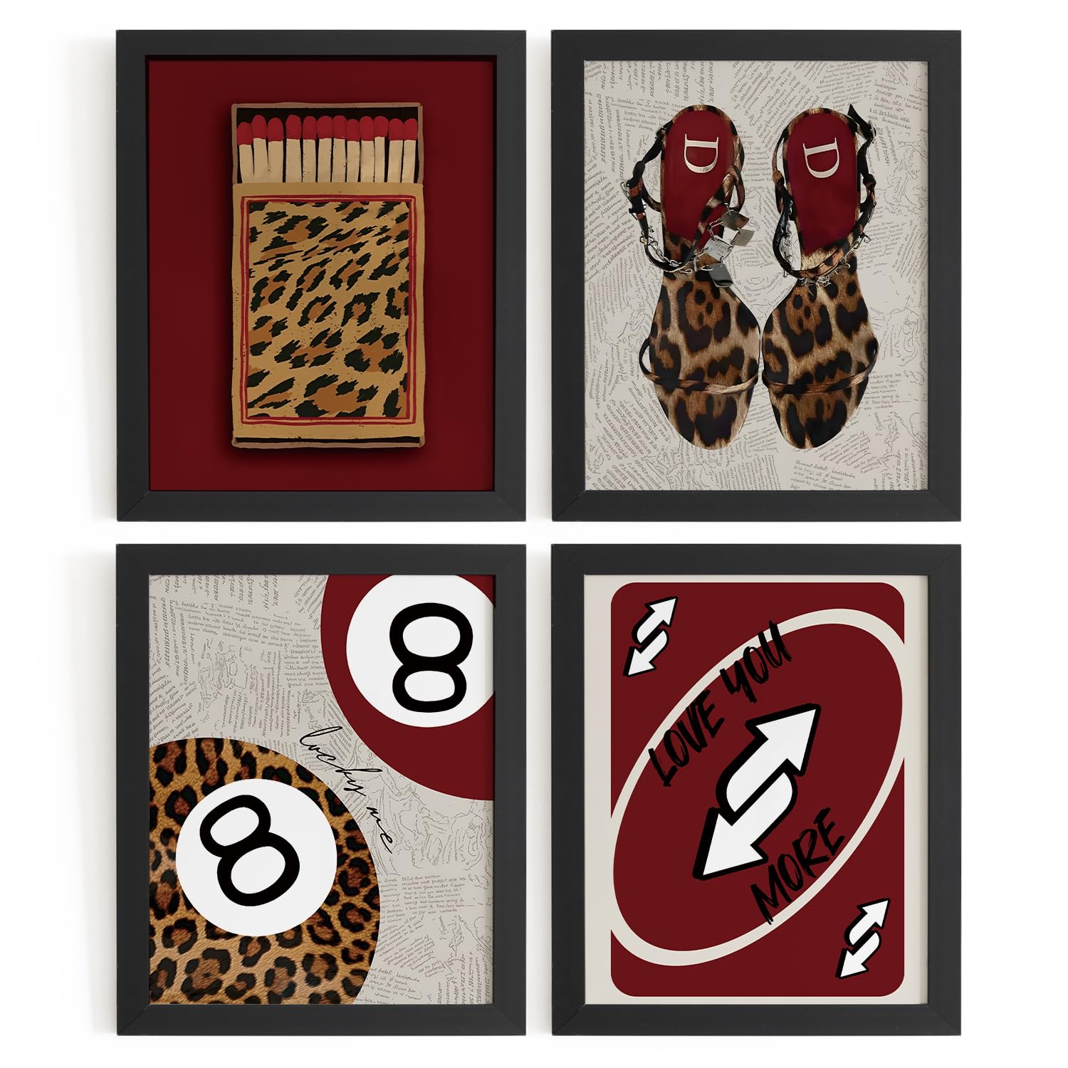 Trendy Leopard Wall Art Prints Set of 4 Funky Lucky 8 Ball Posters Prints Preppy Room Aesthetic Cheetah Wall Decor for Girls Room Dorm Apartment 8x10 Unframed