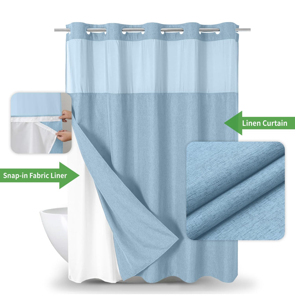 No Hooks Needed Linen Textured Shower Curtain with Snap-in Fabric Liner Set, Luxury Decor Shower Curtains for Bathroom with Mesh Top Window, Waterproof & Washable