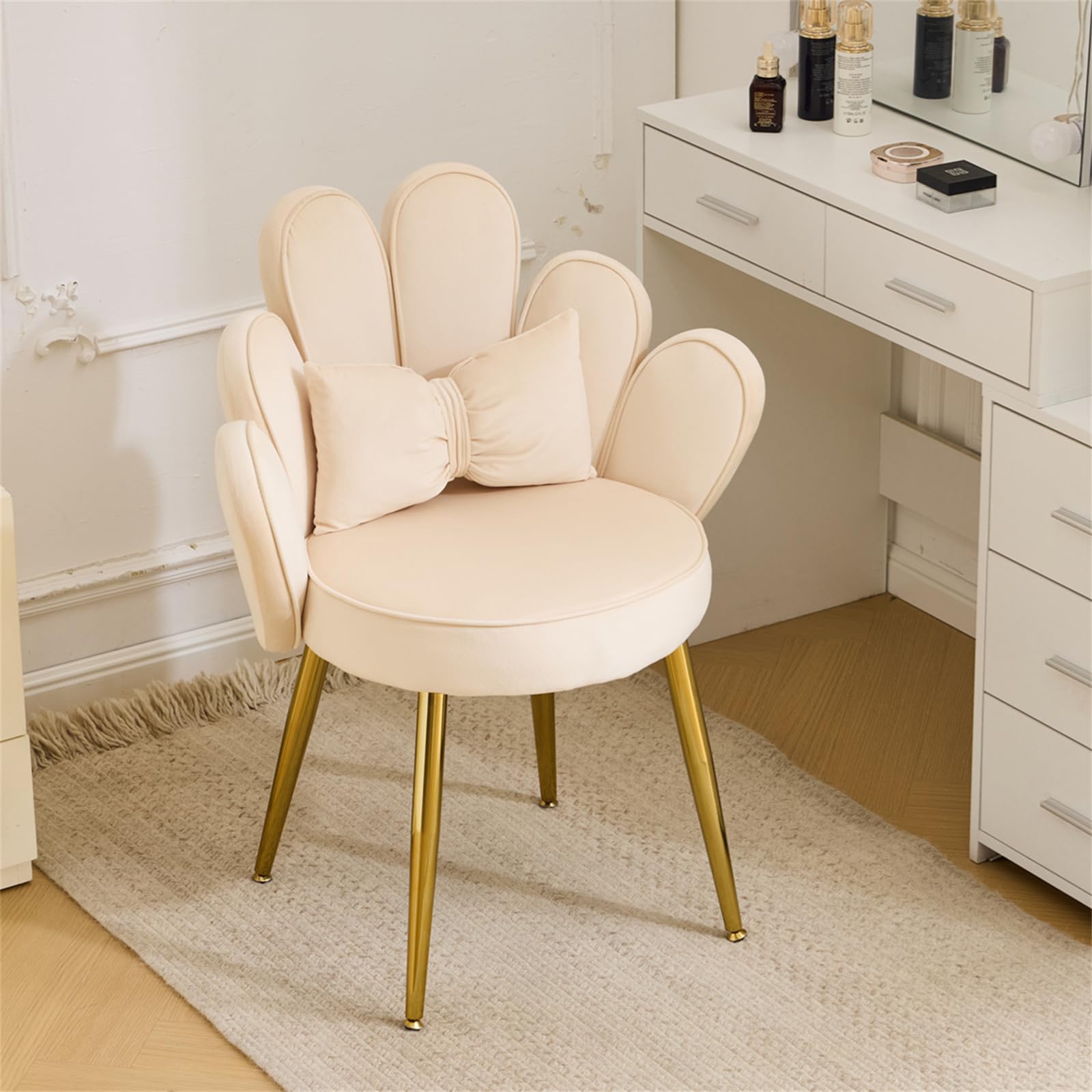 Cute, non-wheeled desk chair with backrest, fluffy cushion, cozy makeup chair with adjustable golden legs