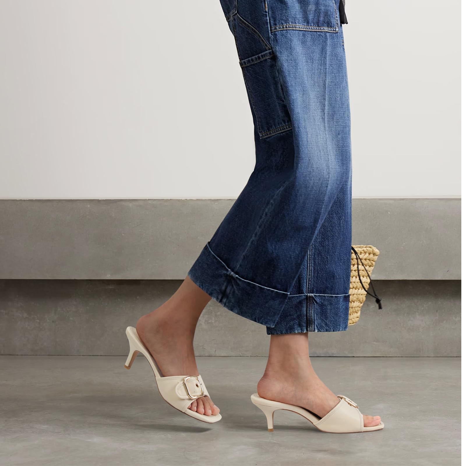 Ladies Kitten Heel Sandals Stiletto Low Heels Slip On Slides Mule Sandal Square Open Toe Dress Shoes