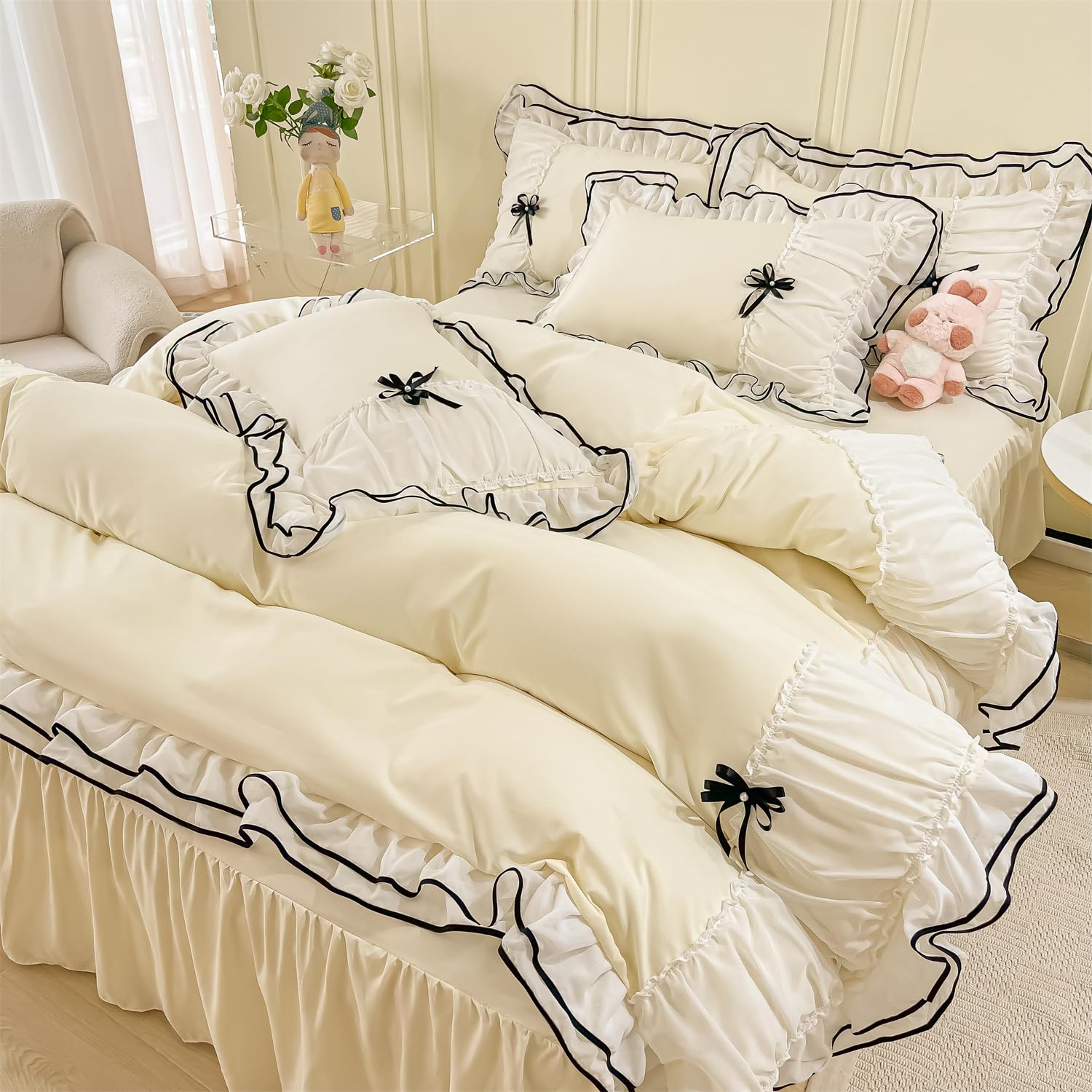 Duvet Cover Ruffle Beddding Set with Bowtie - 3 Pieces Comforter Cover Set with Zipper Closure & Pillowcase - Comforter Not Included