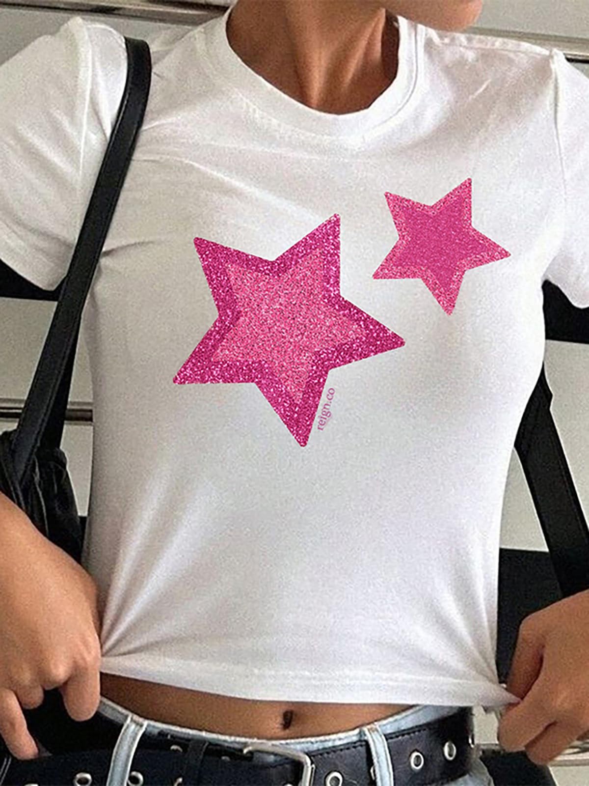 Women Star Print Tees Vintage Y2K Baby Tee