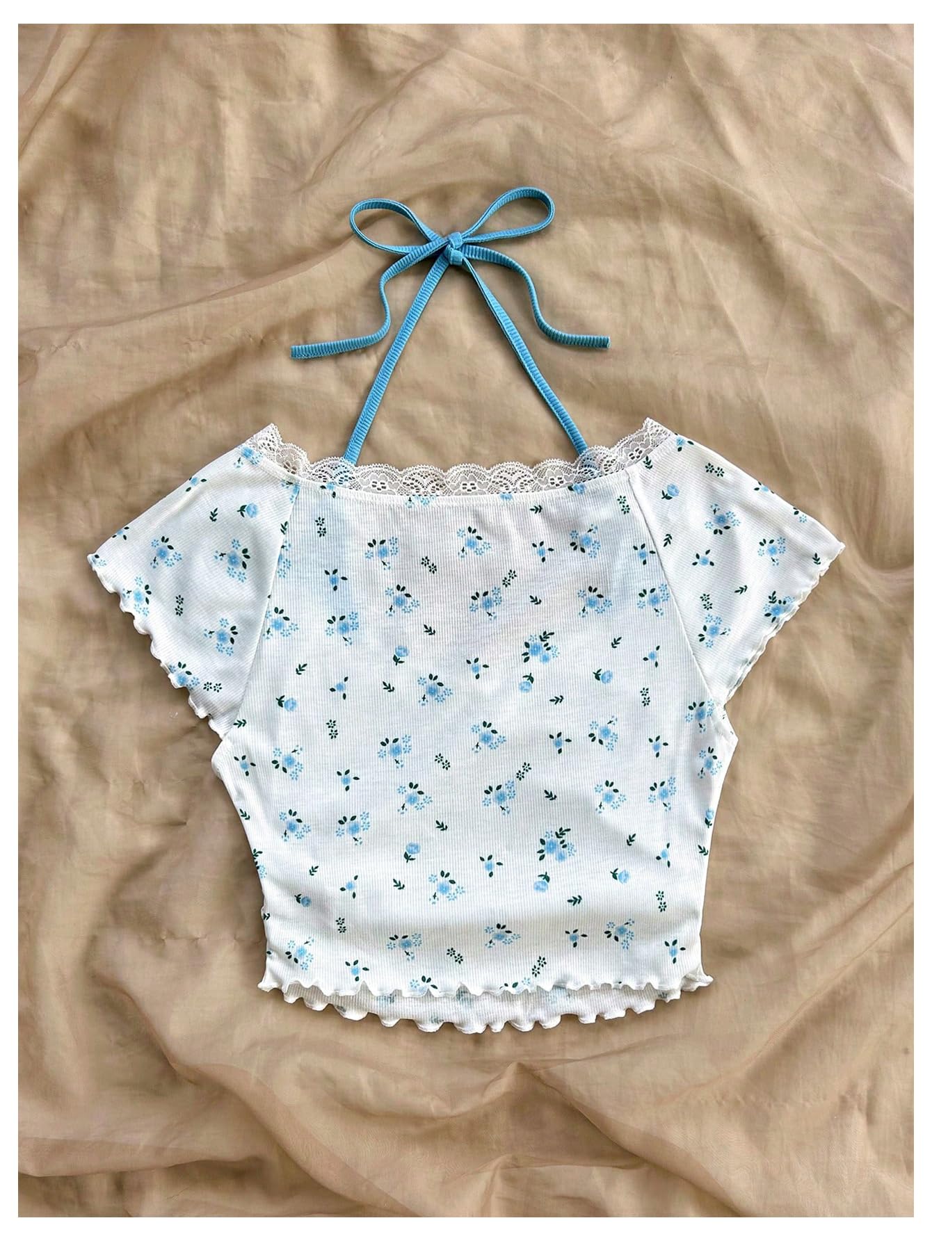 Women's Contrast Lace Halter Neck Lettuce Trim Casual Crop Tee Tops