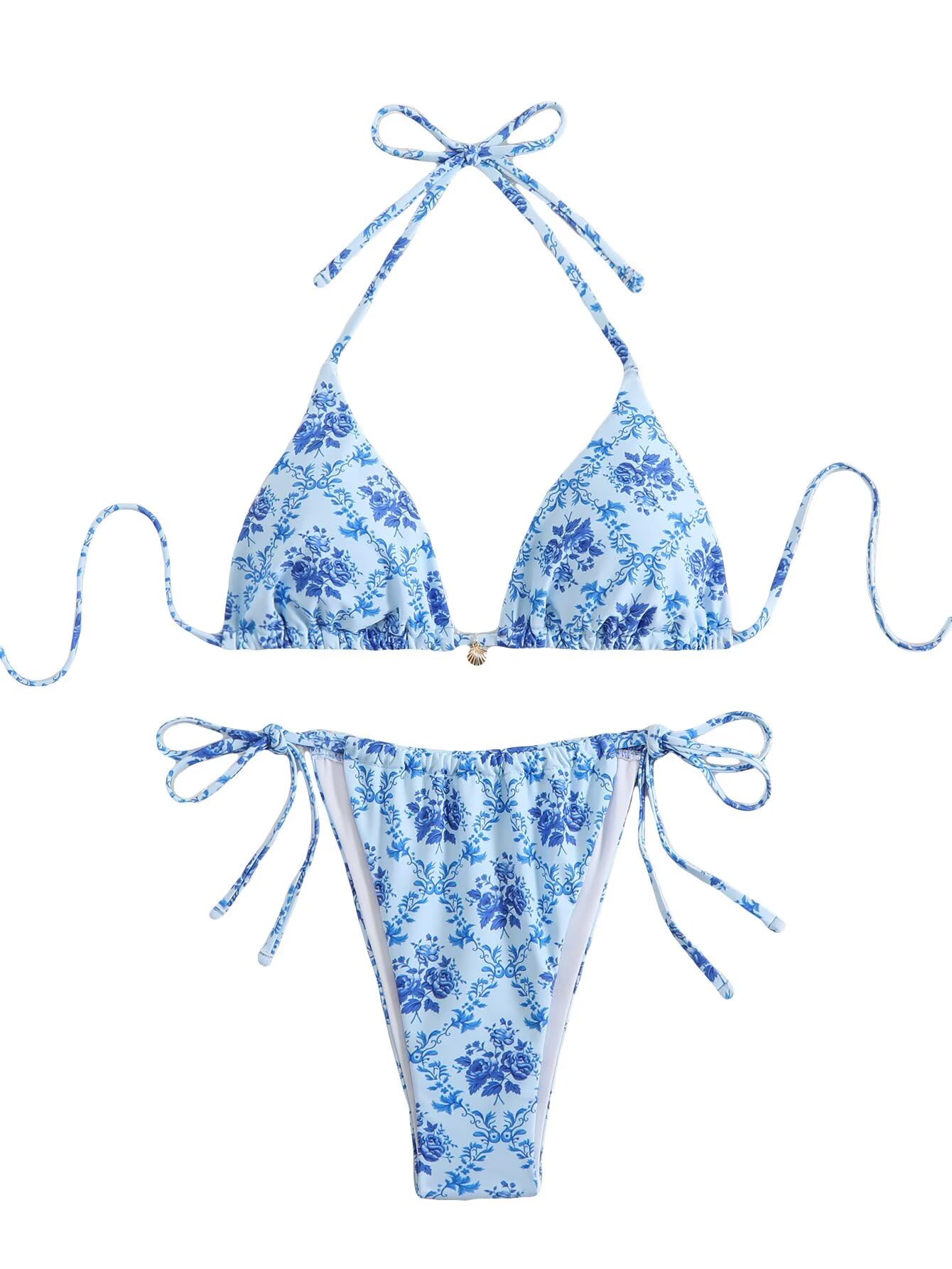 Women's Ditsy Floral Print Bathing Suit High Waisted Halter All Over Swimsuit Bikini Set