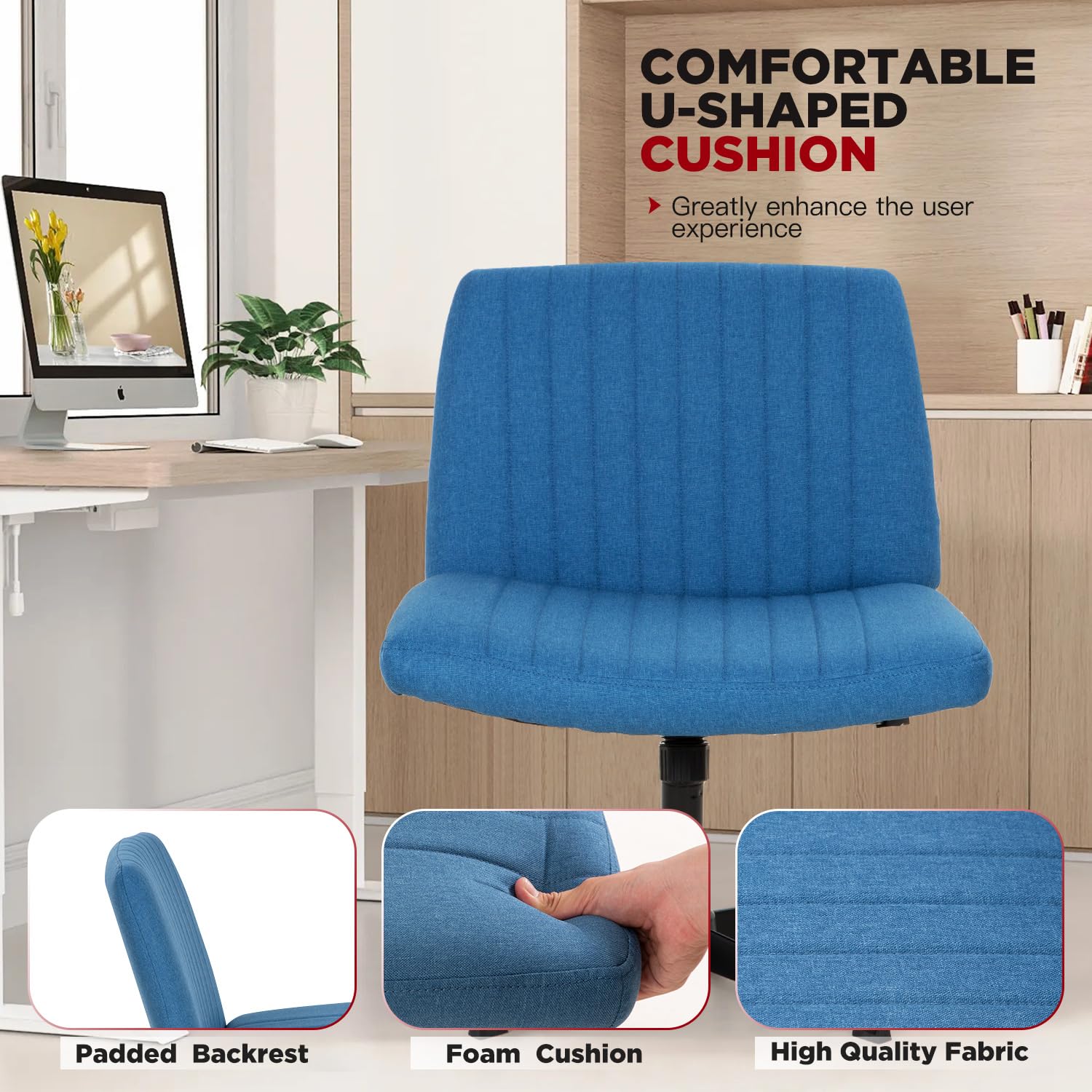 Criss Cross Chair, Armless Cross Legged Wide Comfty Desk Chair with No Wheels Modern Height Adjustable, Swivel Fabric Vanity Chair