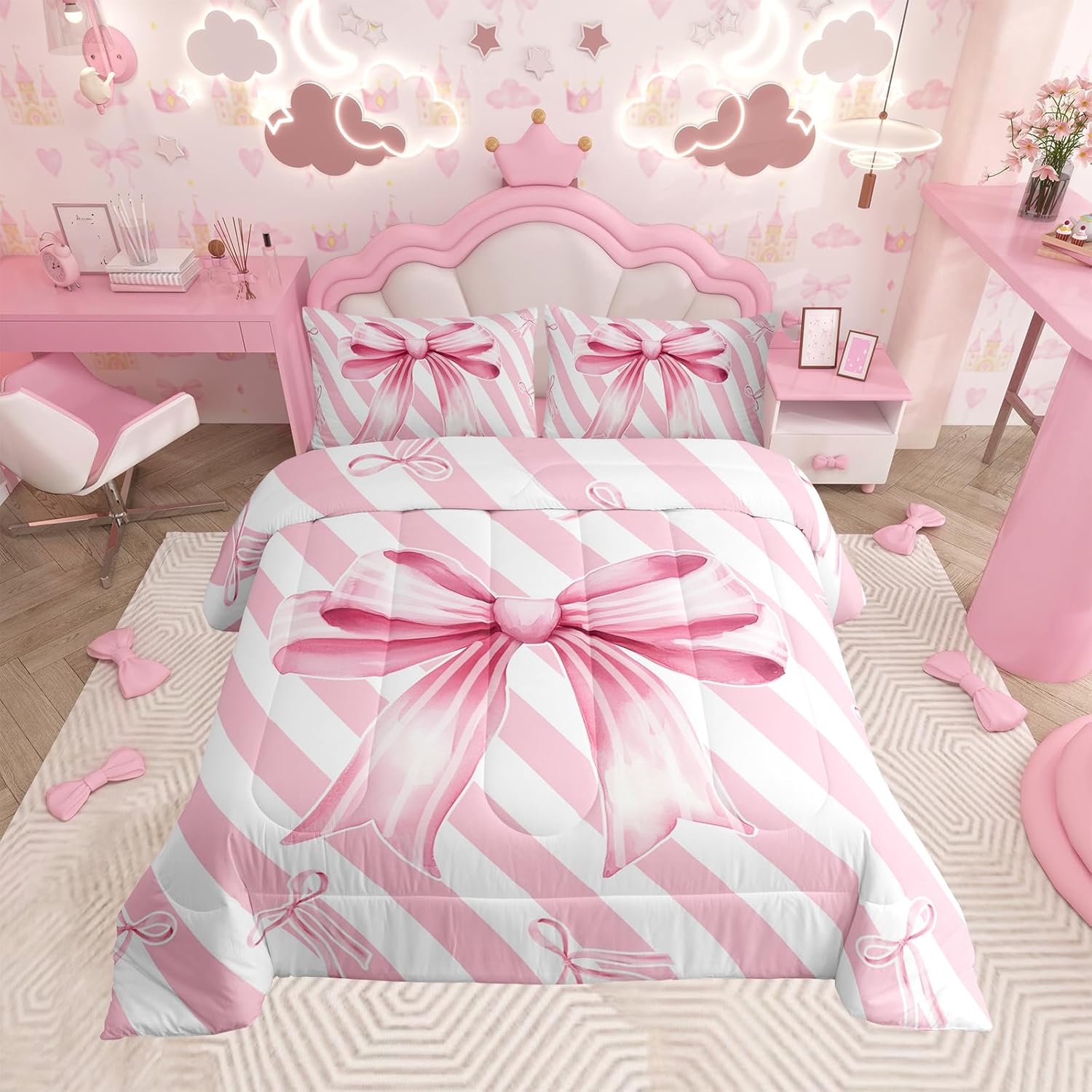 Floral Bowknot Comforter Set,Pink Bow Tie Print Bedding Set Cute Bow Flower Comforter Princess Style Bed Set for All Season