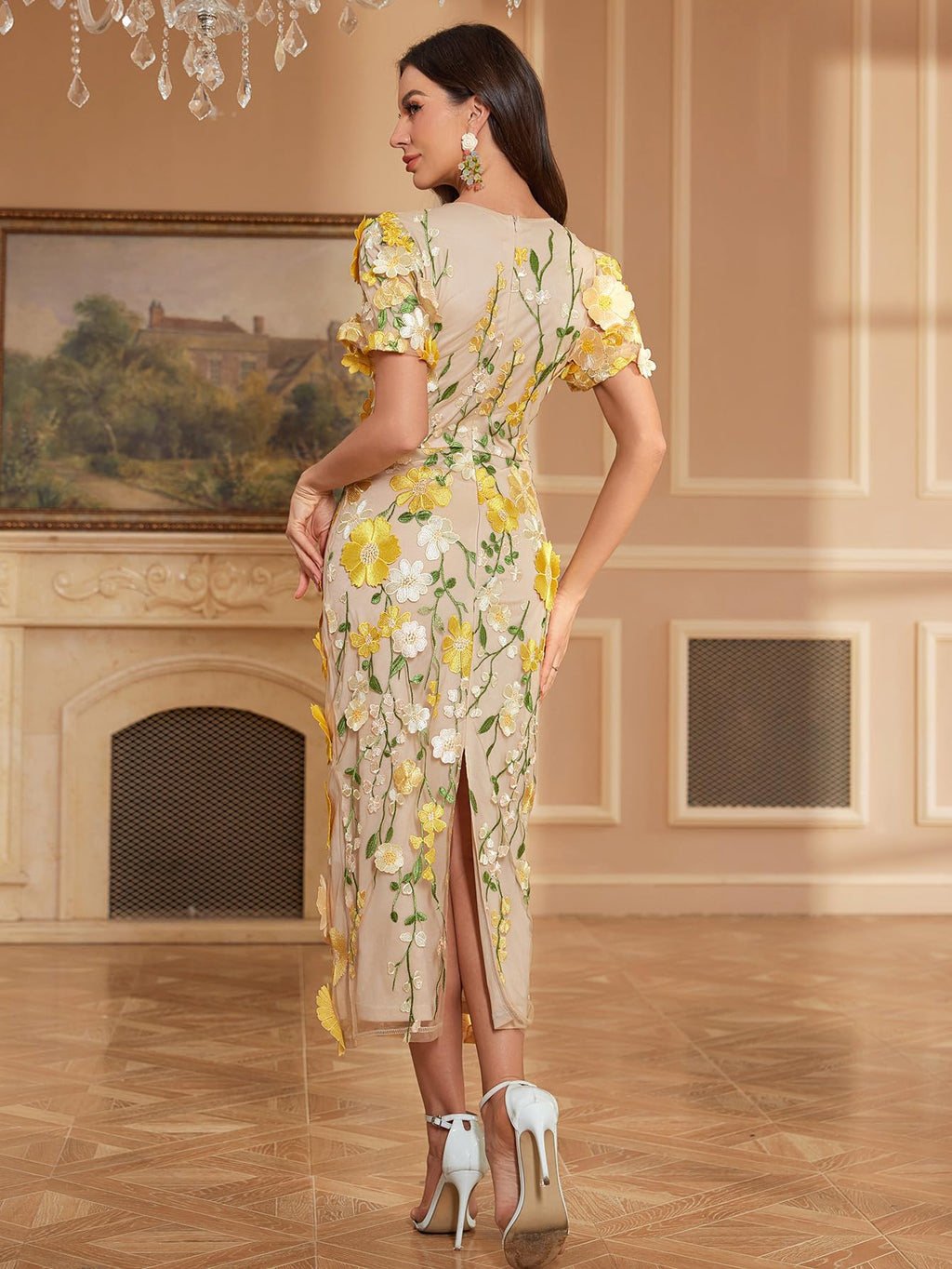 Women's 3D Floral Embroidery Dress Ruffle Sleeve Fishtail Lace Bodycon Party Cocktail Mixi Dress