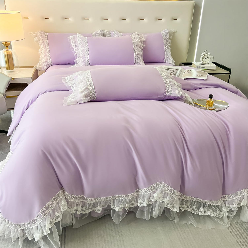 Chic Ruffle Lace Polyester Duvet Cover Set -Bedding-2 Piece Duvet Cover with Zipper Closure -Ultra Soft and Light Weight