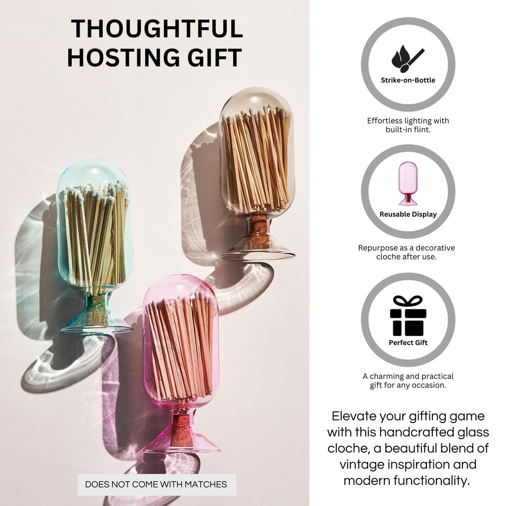 Includes 100 Match Sticks Glass Match Cloche with Striker - with Cork Stopper - 6.7" H X 3"