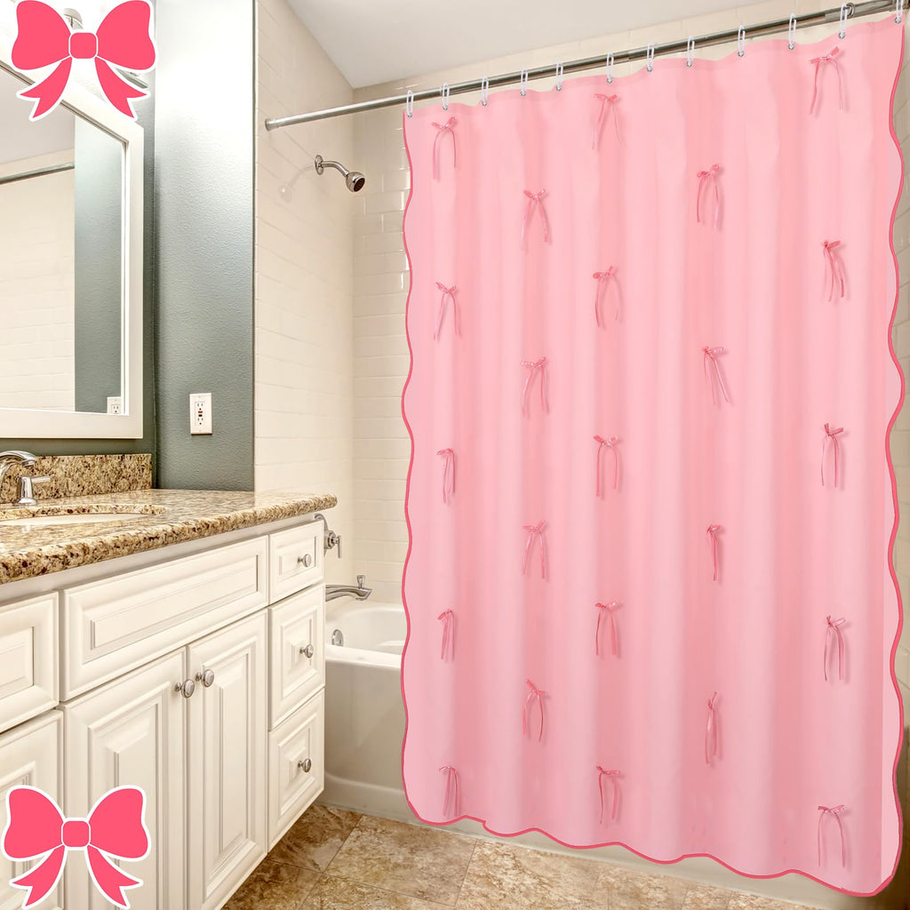 Cute Scalloped Bath Bow Shower Curtain with 12 Hooks Bowknot Waterproof Aesthetic Bathroom Decor for Women Girls Accessory, 72 Inches