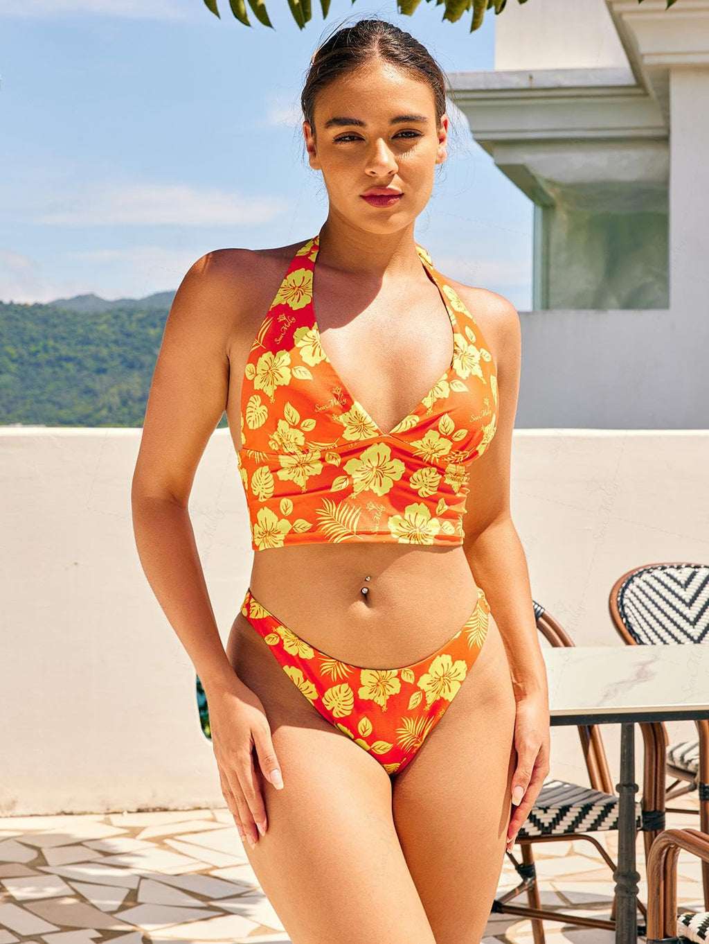 Floral Halter Tied Cheeky Tankini Set