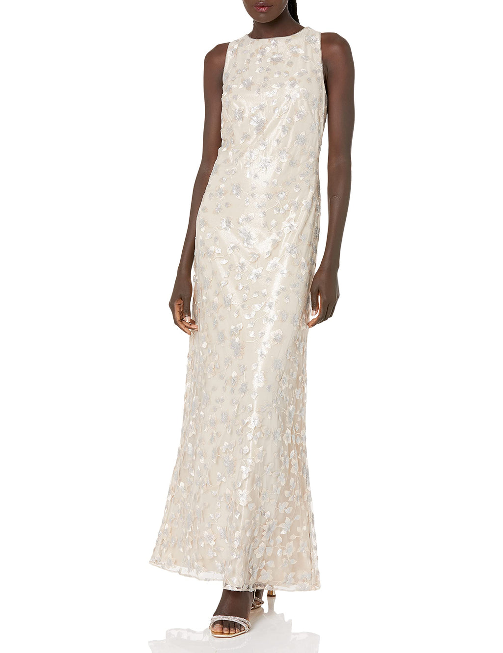 Women's Embellished Plunging Gown Sleeveless Floral Long Dress