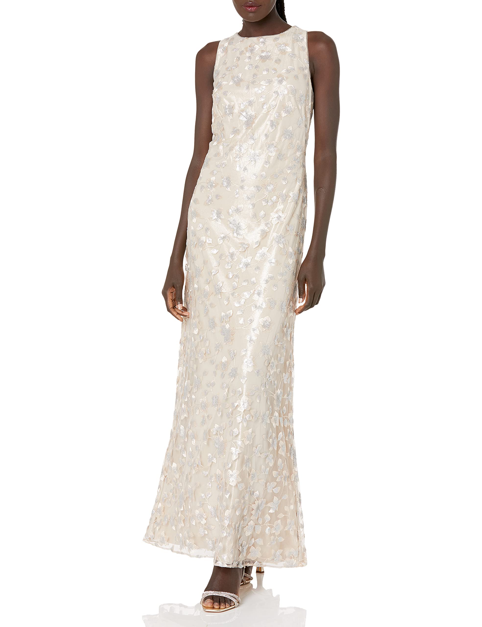 Women's Embellished Plunging Gown Sleeveless Floral Long Dress