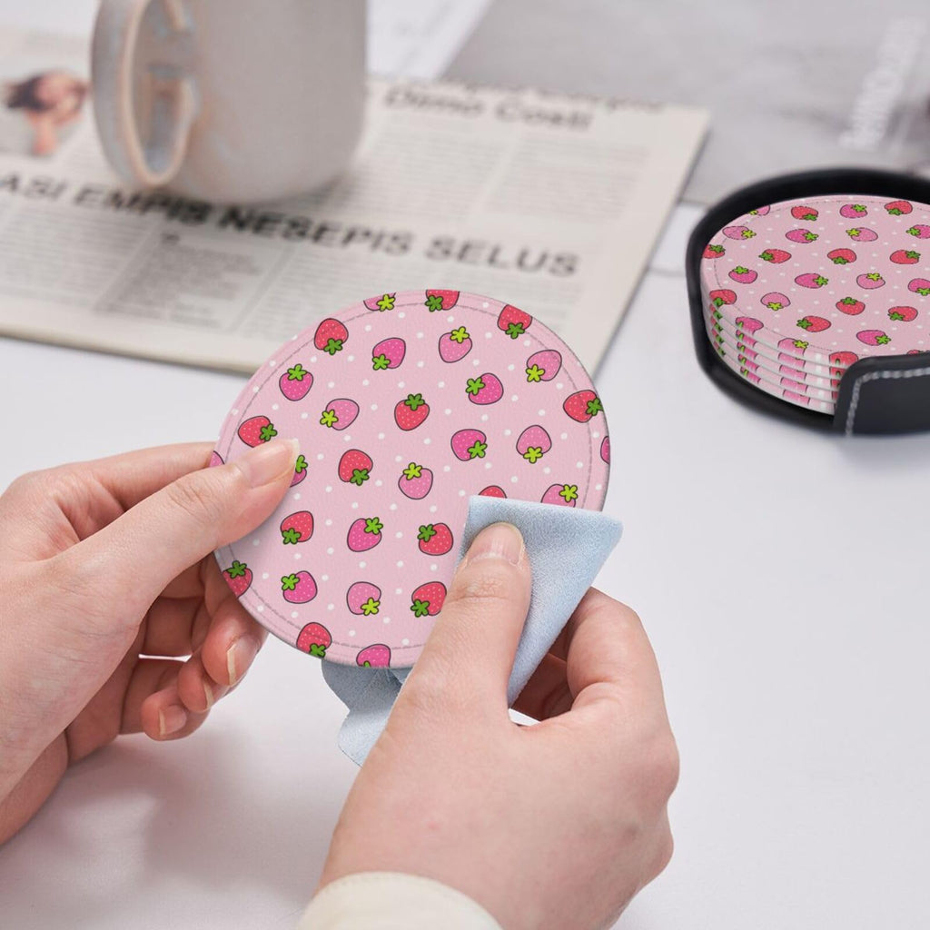 Coasters for Drinks Round Leather Coaster with Holder Set of 6 for Tabletop Protection