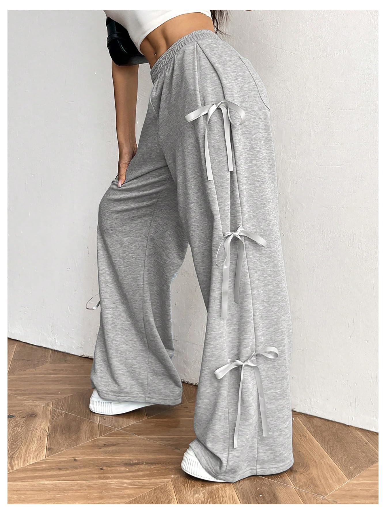 Women's Bow Wide Leg Sweatpants Elastic Waist Casual Baggy Pants with Pocket
