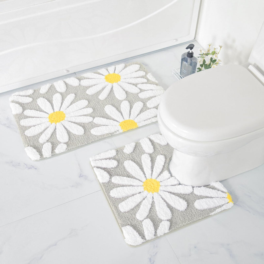 U Shaped Toilet Mat Cute Daisy Contour Bath Rug 20"x20", Extra Thick Soft Machine Washable Toilet Carpet, Non Slip Bathroom Floor Mats Super Absorbent Microfiber Bath Rugs