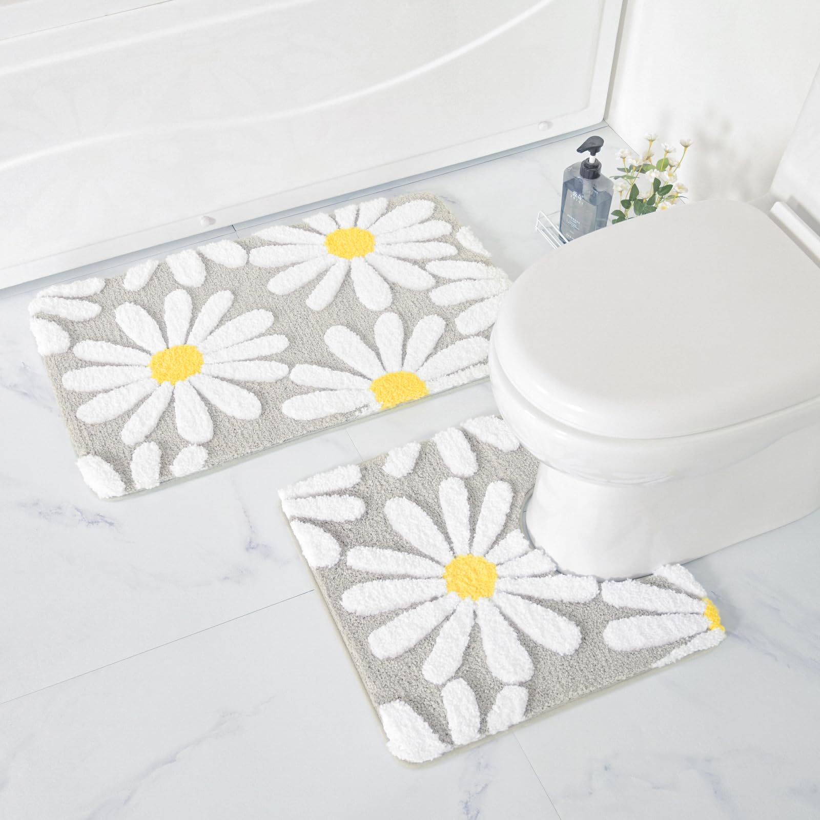 U Shaped Toilet Mat Cute Daisy Contour Bath Rug 20"x20", Extra Thick Soft Machine Washable Toilet Carpet, Non Slip Bathroom Floor Mats Super Absorbent Microfiber Bath Rugs