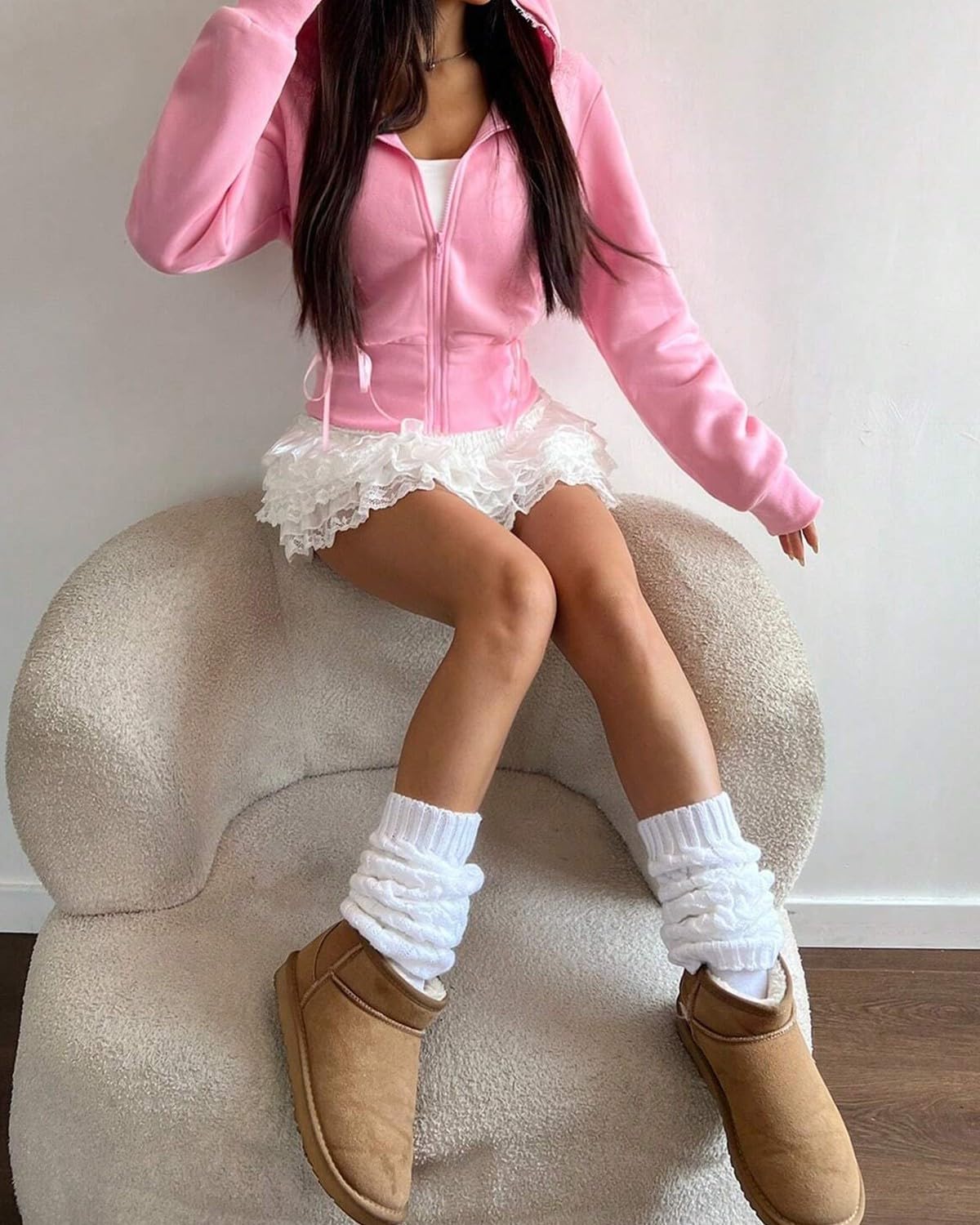 Women's Lace Patchwork Bow Zip-Up Crop Hoodie â€?Y2K Coquette Fleece Casual Hooded Sweatshirt