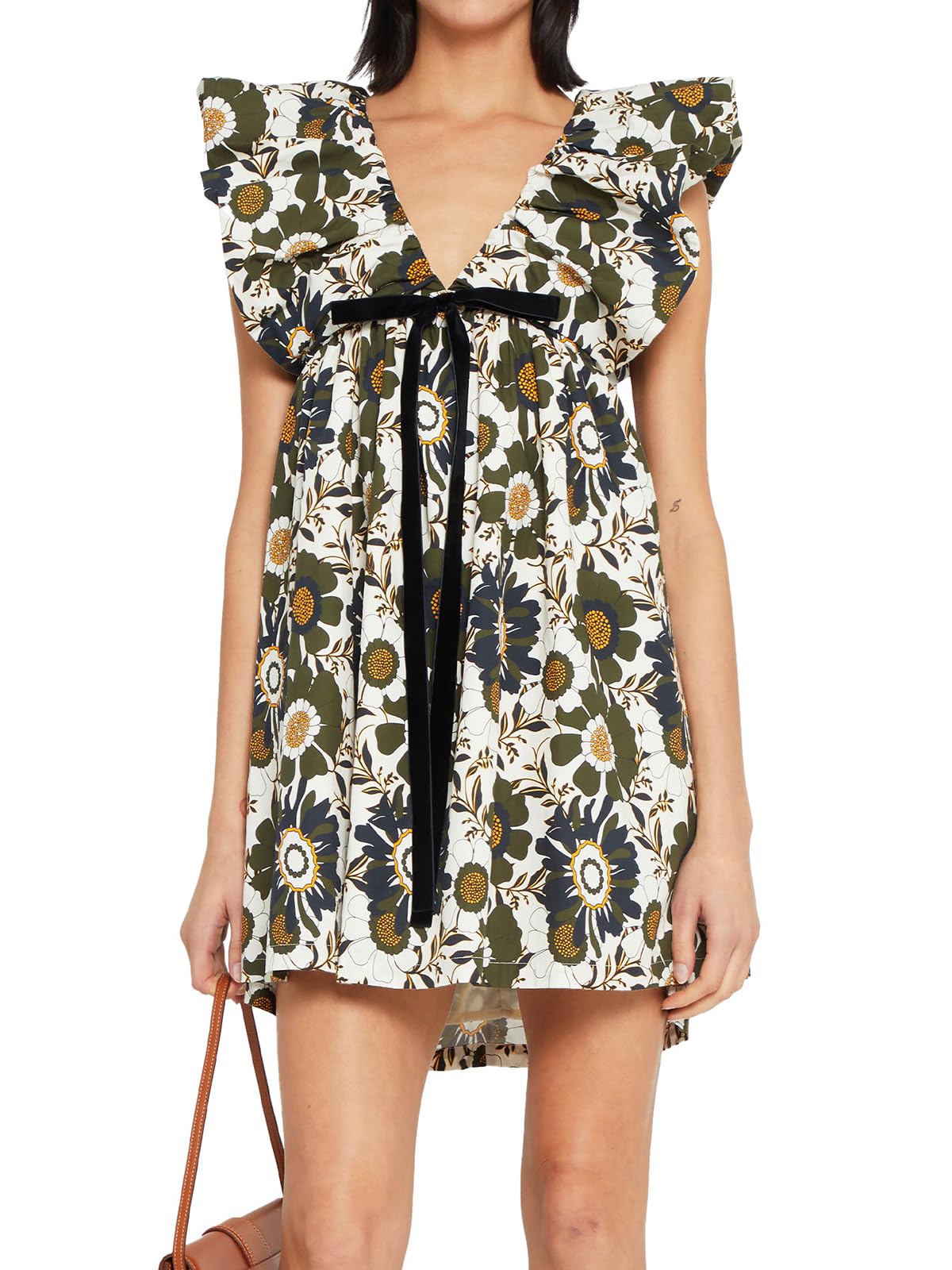 Women's Mini Dress V Neck Puff Sleeve Dress Short Babydoll Bow Dress