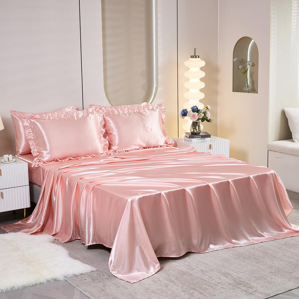 Ruffle Comforter Set 8 Pieces Satin Comforter Set with Sheet Set - Waterfall Ruffle Design Luxurious Silky Comforter Set