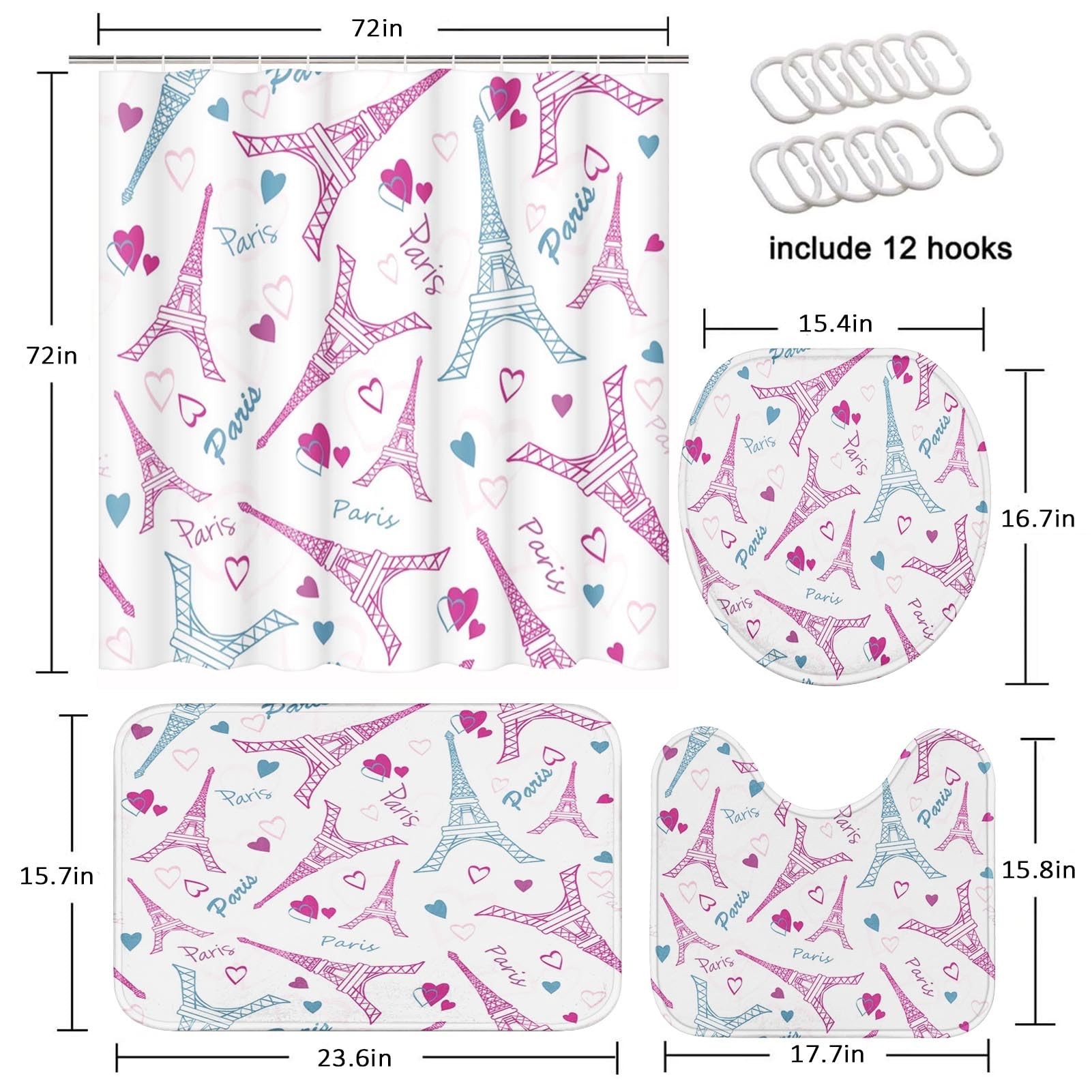 Vintage 4 Pcs Bathroom Sets with Shower Curtain and Rugs, Shower Curtain Sets for Bathroom Decor with 12 Hooks