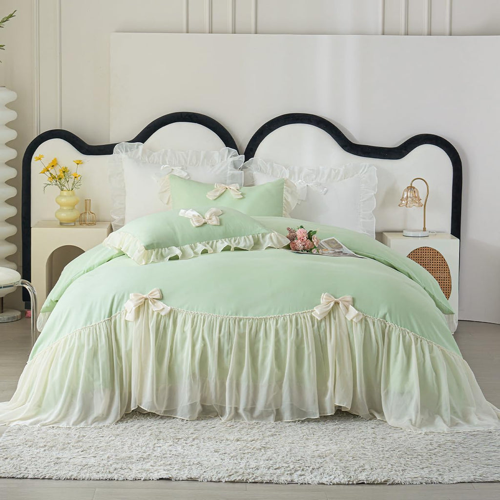 Ruffle Duvet Cover Bedding Set with Bowtie, 2 Pieces Comforter Cover Set with Zipper Closure with Pillowcase